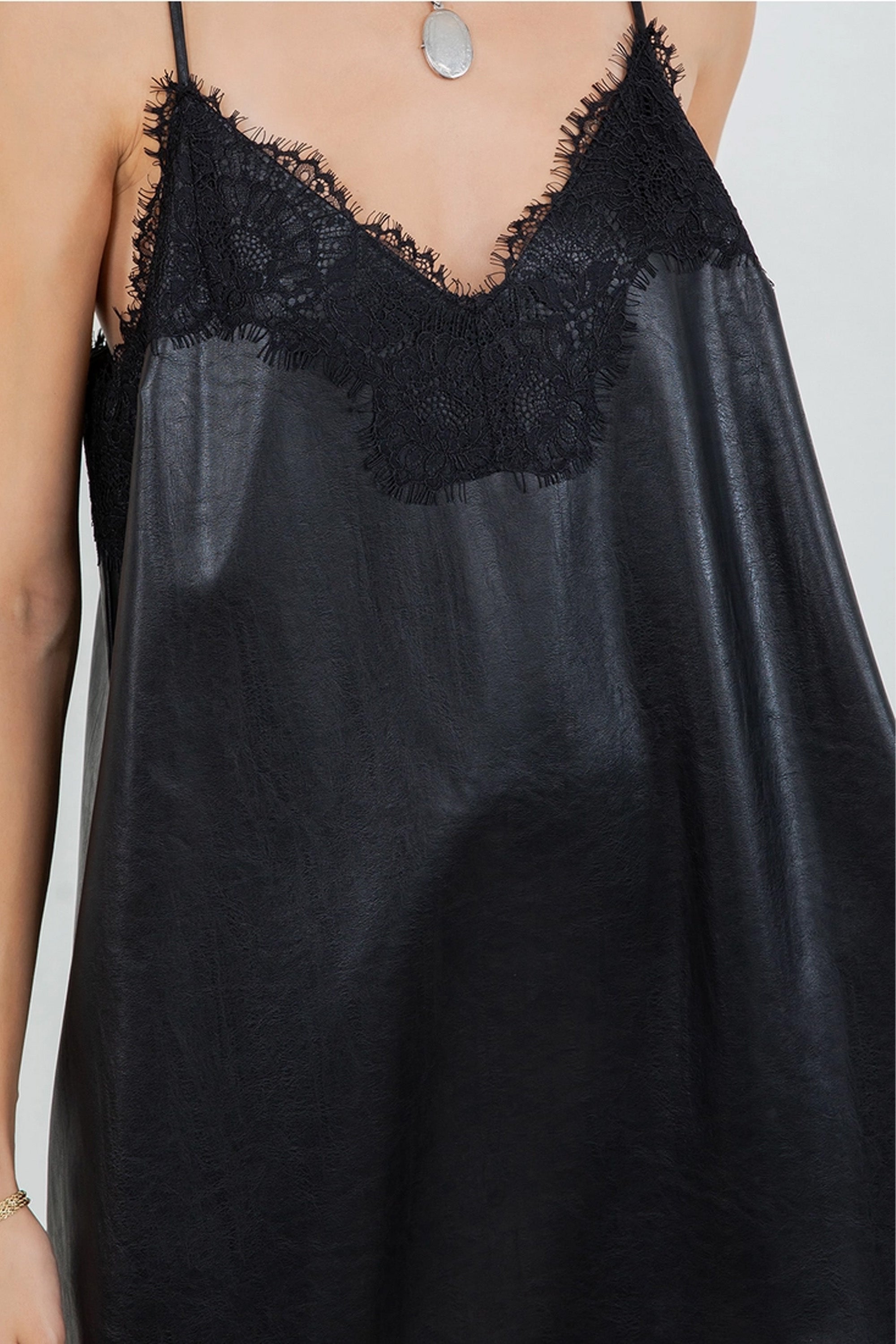 Pu Leather Lace Detail Mini Black Dress