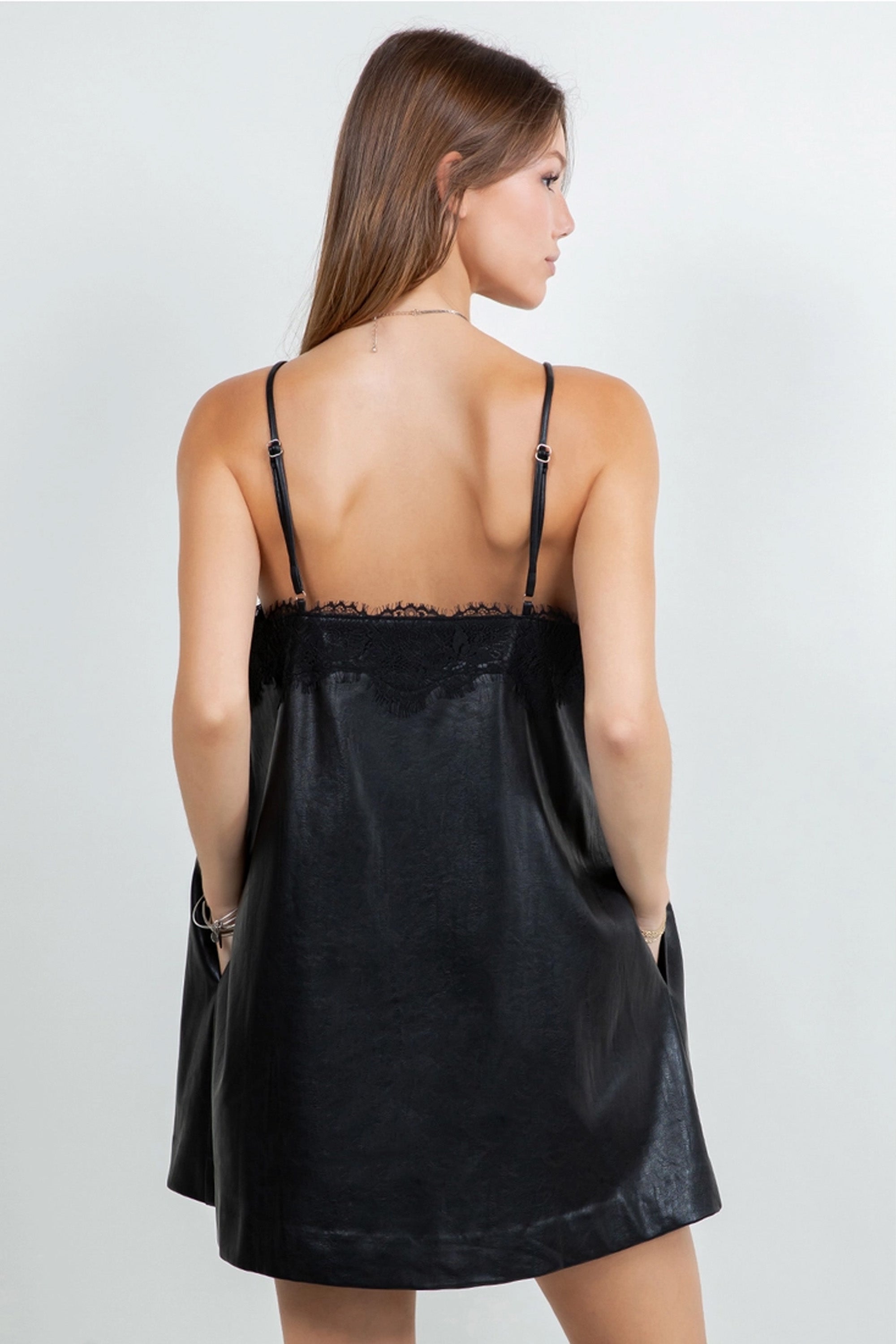 Pu Leather Lace Detail Mini Black Dress