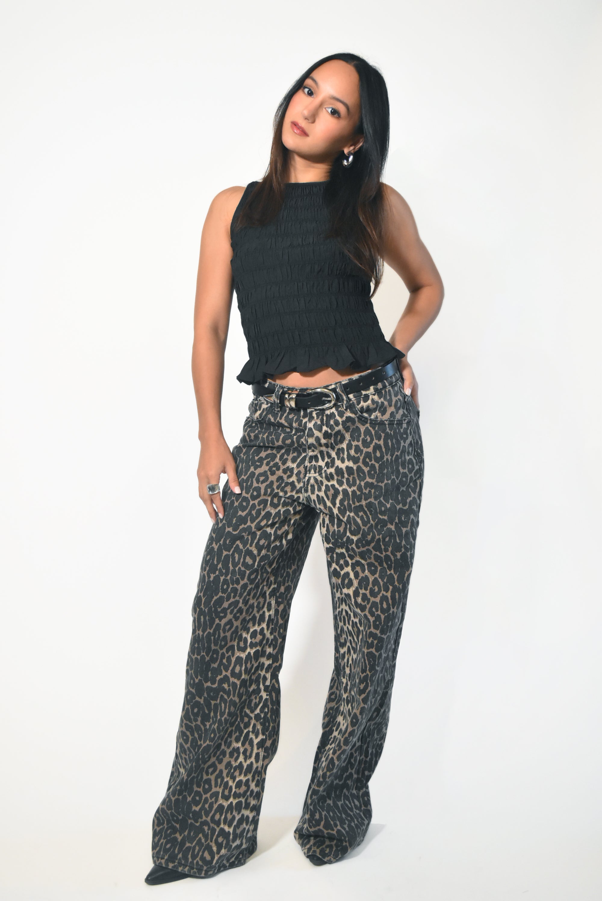 Black Ruffled Stretch Top