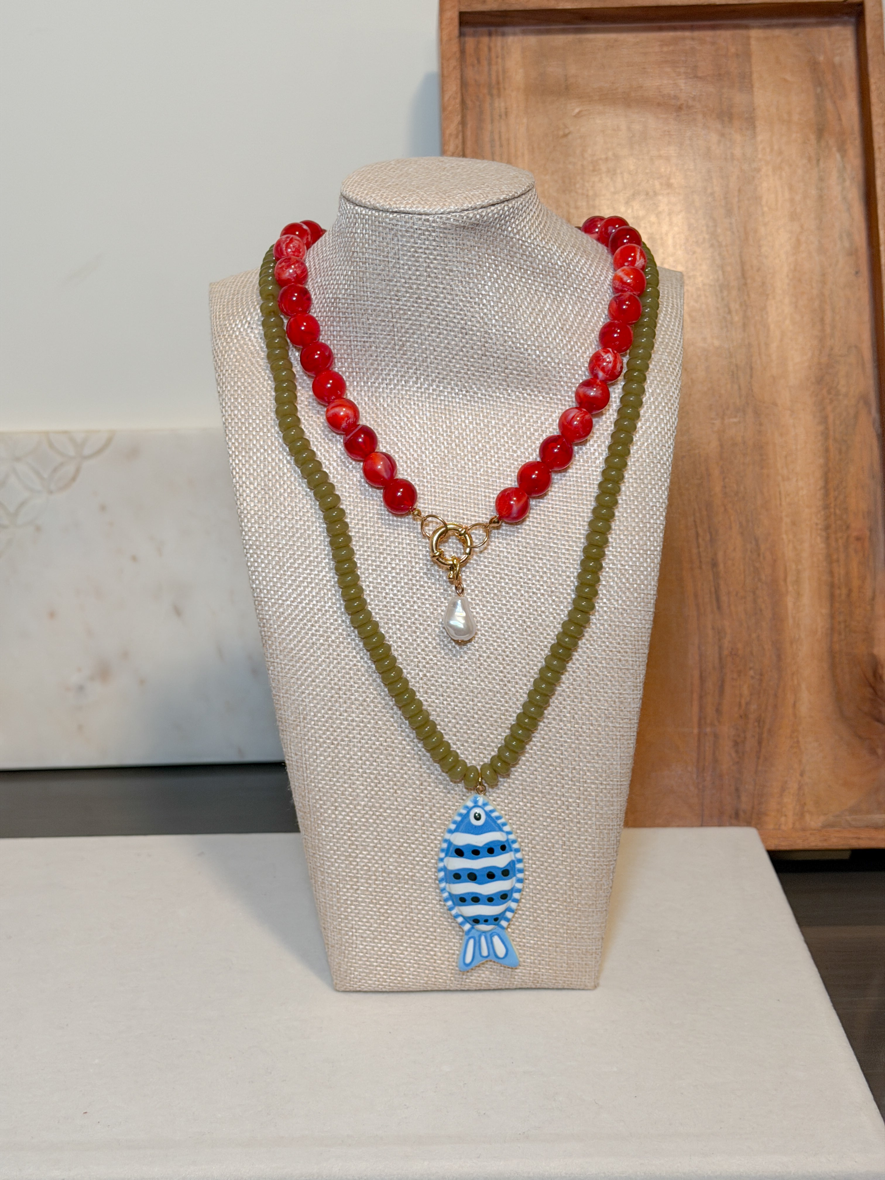 Double Beads Necklace with Fish Charm