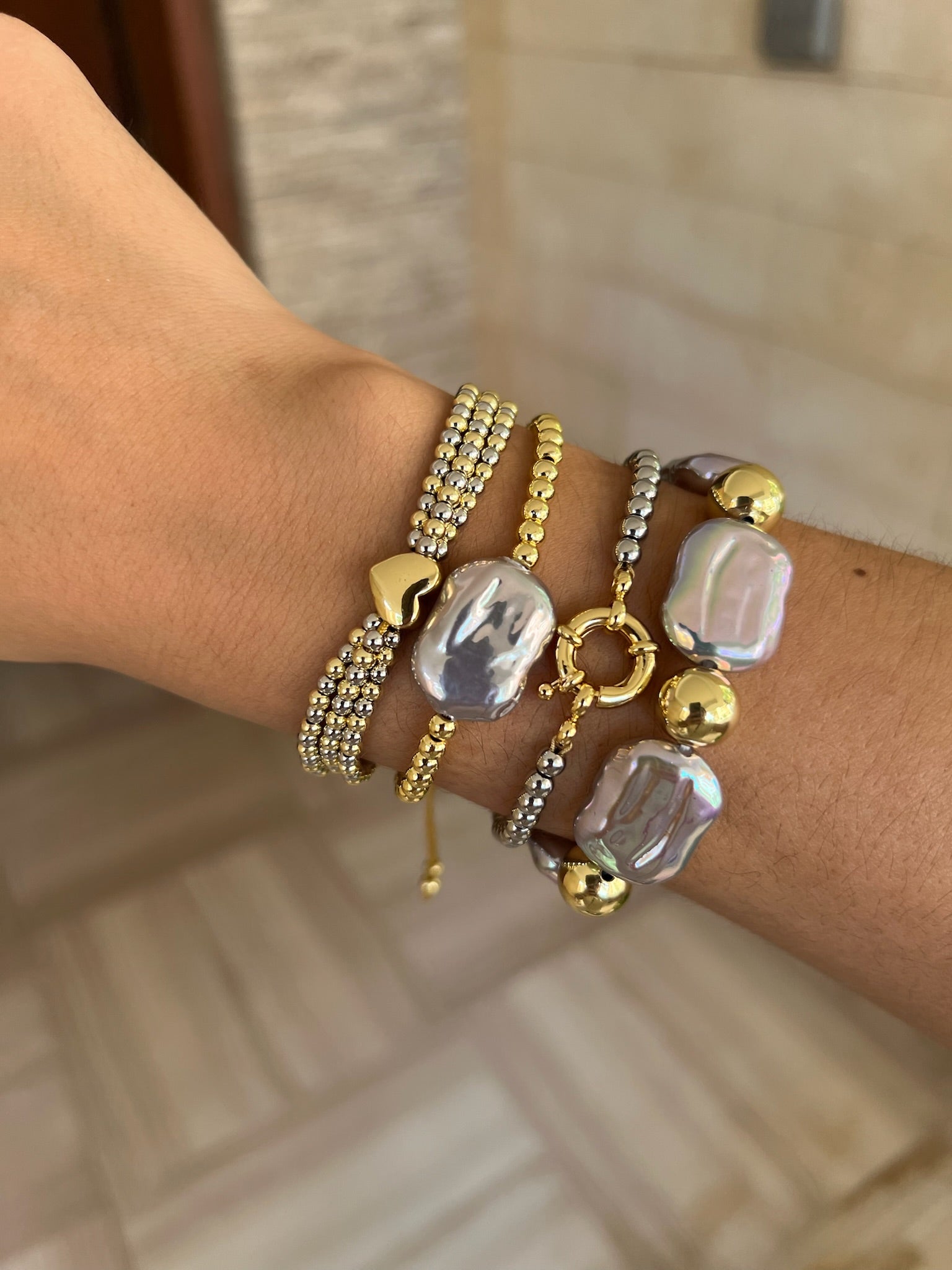 Silver Stone Gold Beads Bracelet