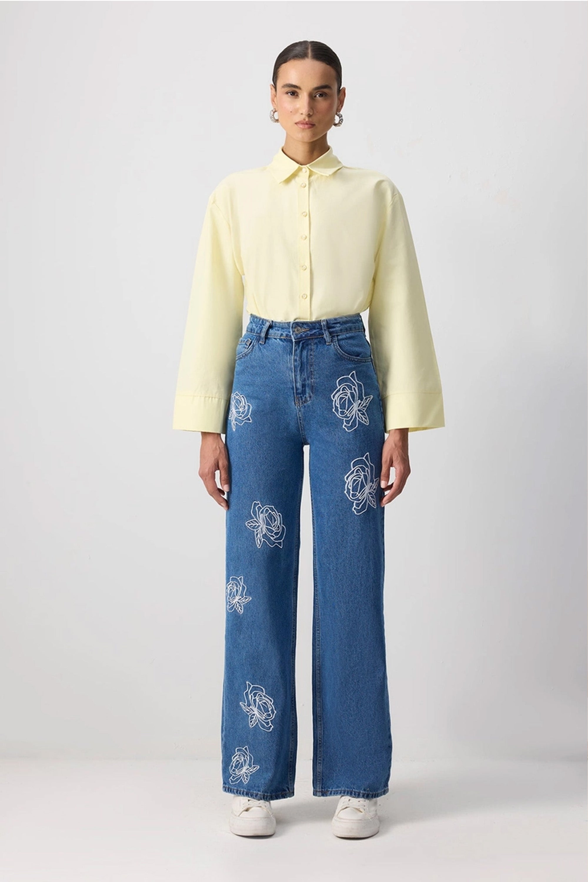 High Waisted Embroidered Straight Leg Jeans