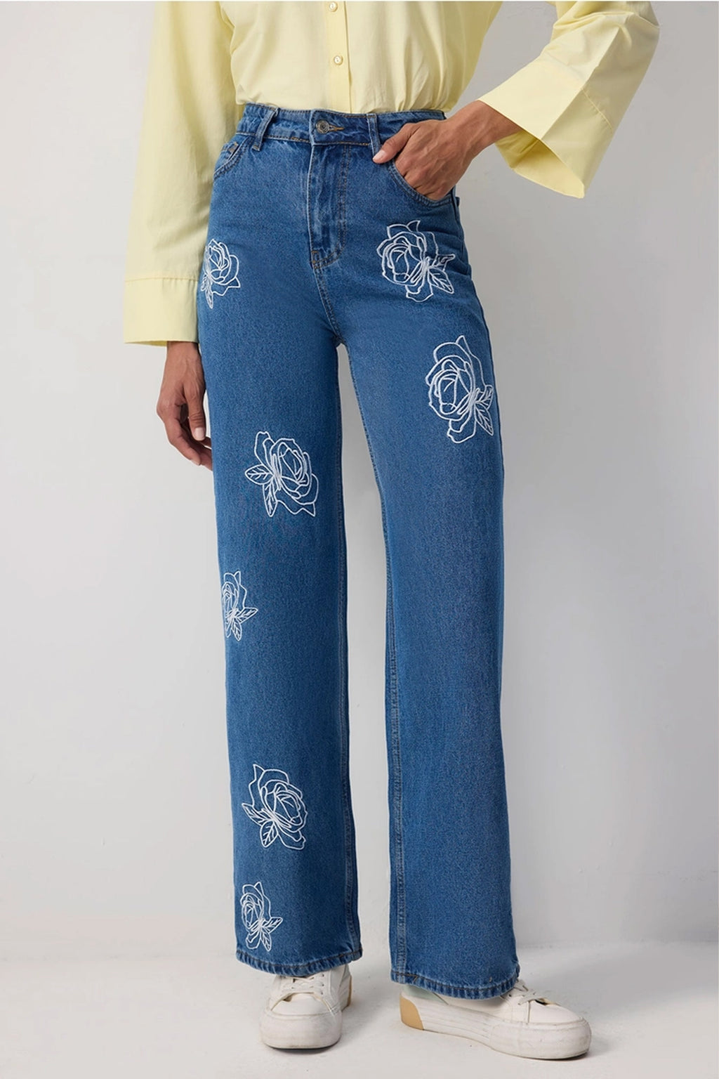 High Waisted Embroidered Straight Leg Jeans