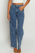 Cross Waist Pearls Straight Leg Jeans