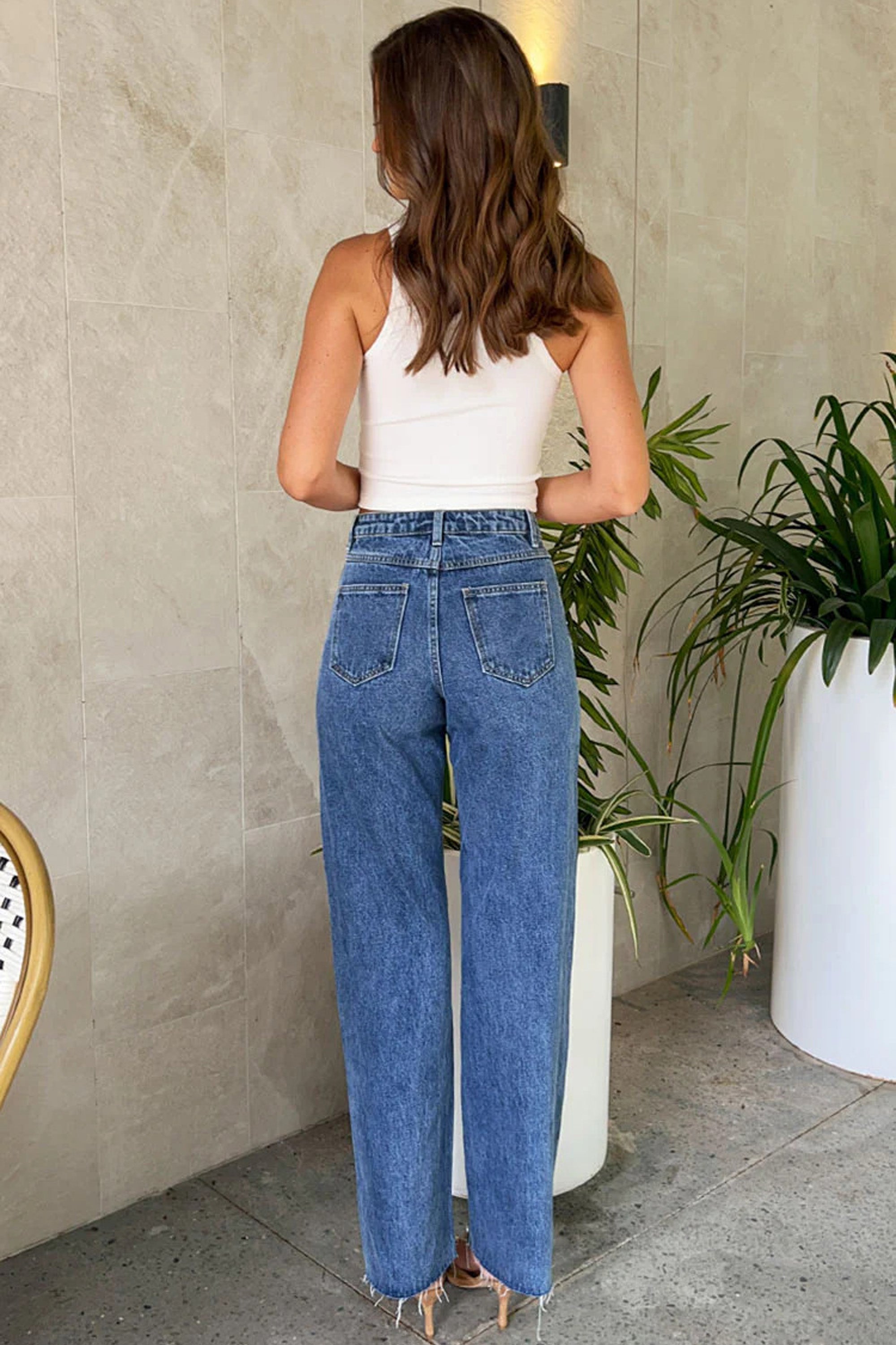 Cross Waist Pearls Straight Leg Jeans