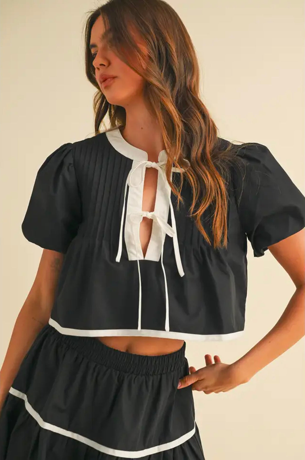 Contrast-Edge Top & Mini Skirt Set