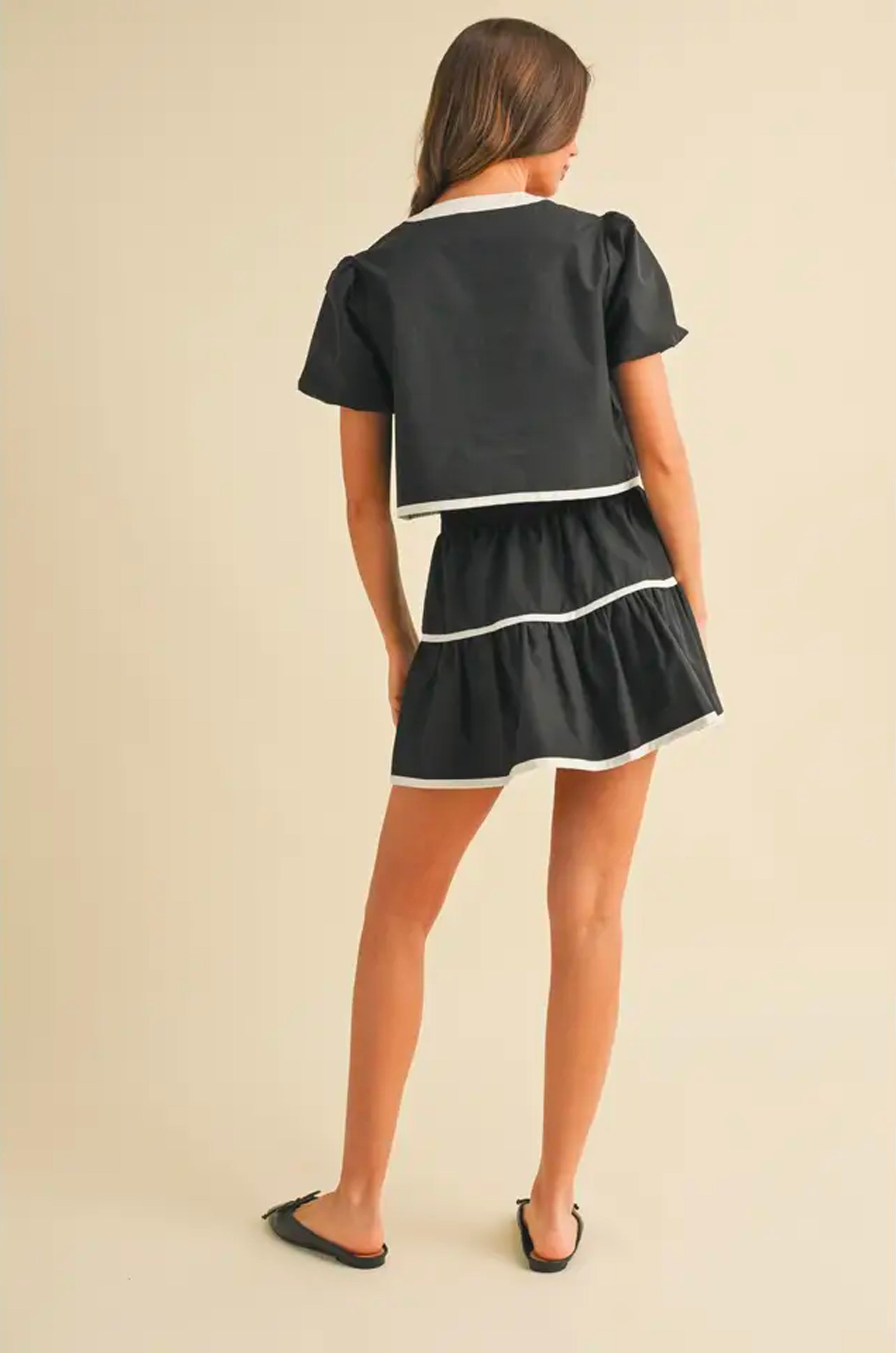 Contrast-Edge Top & Mini Skirt Set