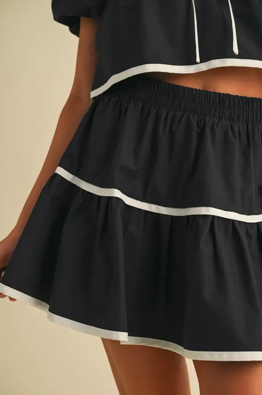Contrast-Edge Top & Mini Skirt Set