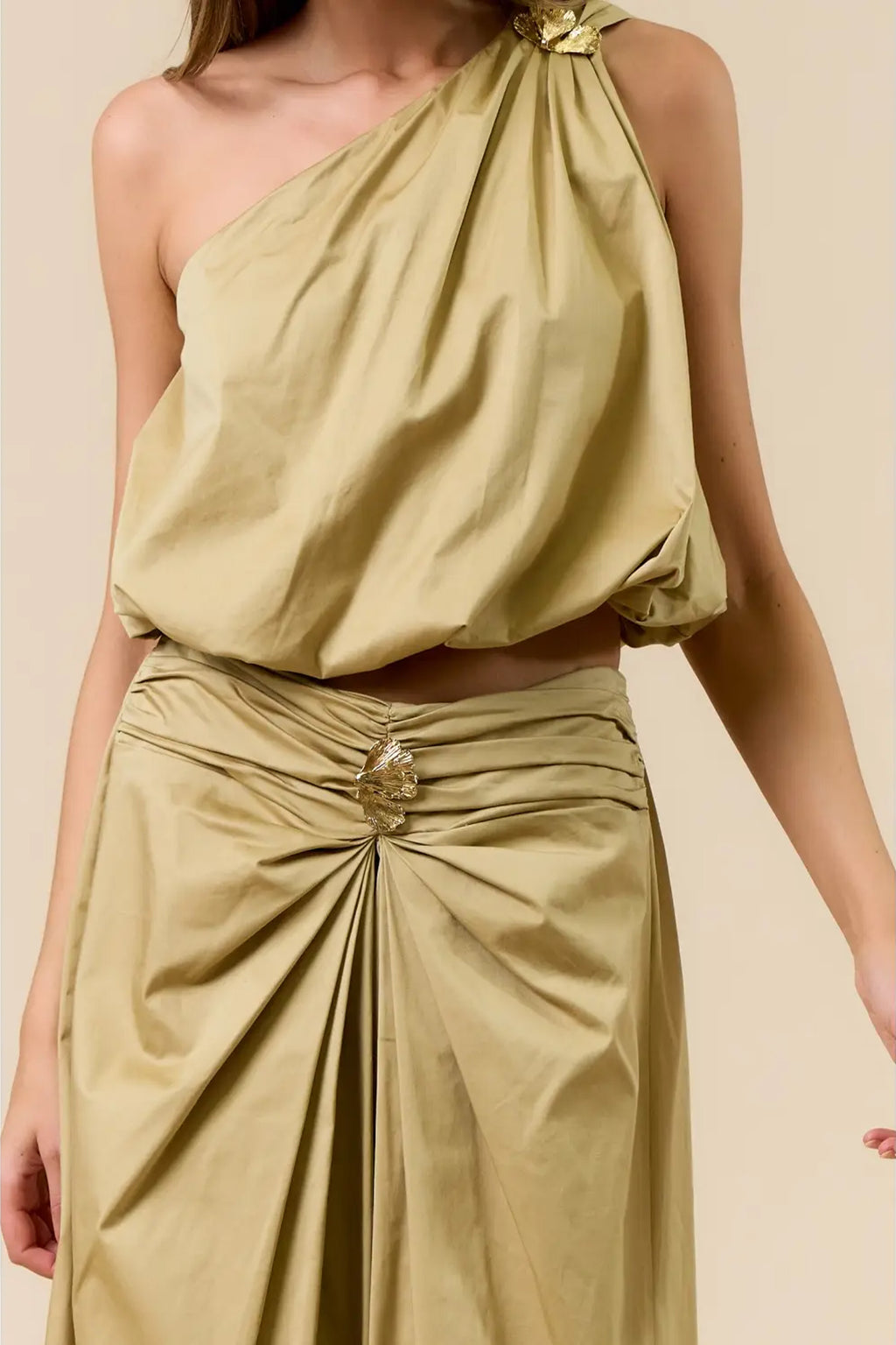 One Shoulder Top and Maxi Skirt Gold Leaf Detail Set