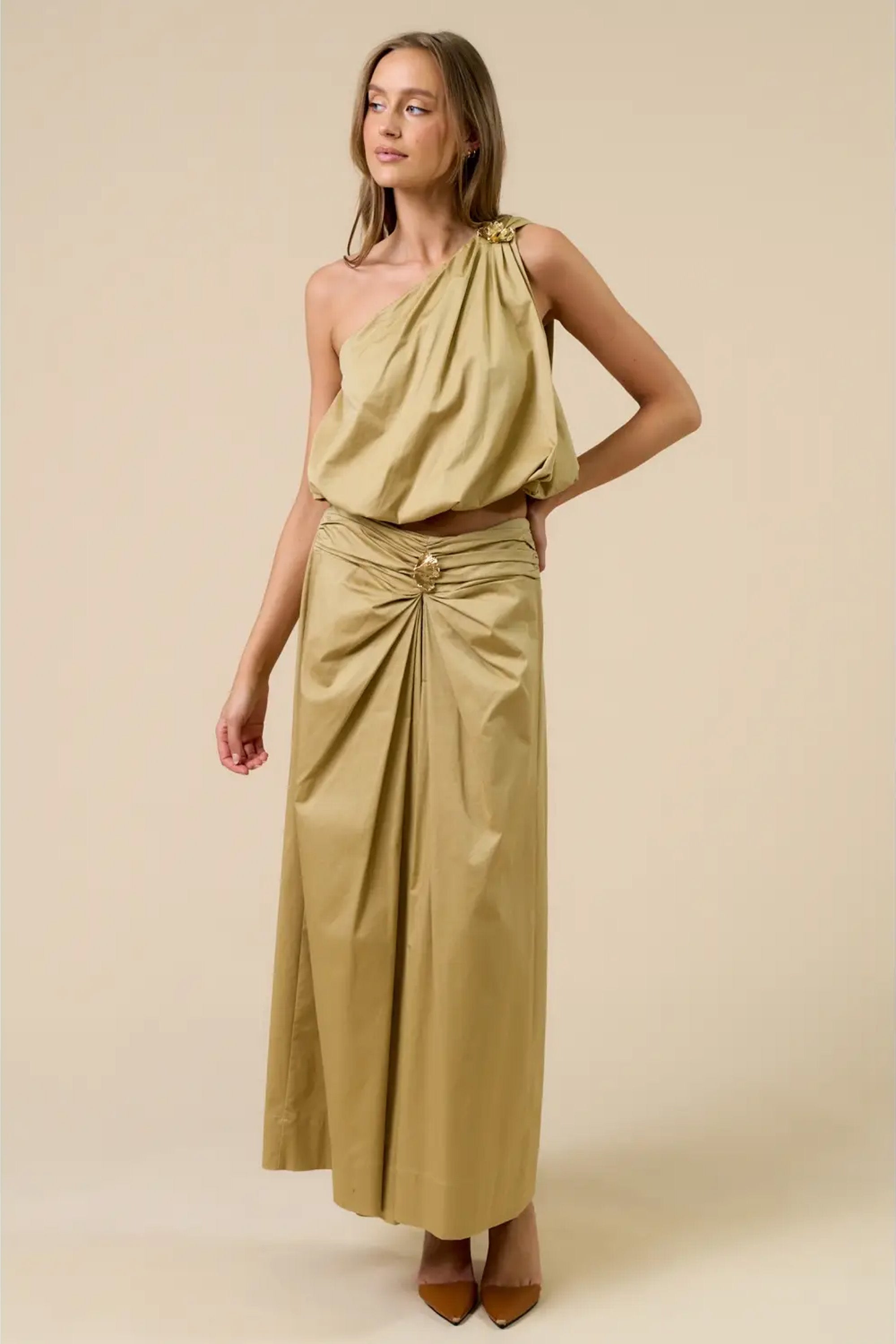 One Shoulder Top and Maxi Skirt Gold Leaf Detail Set