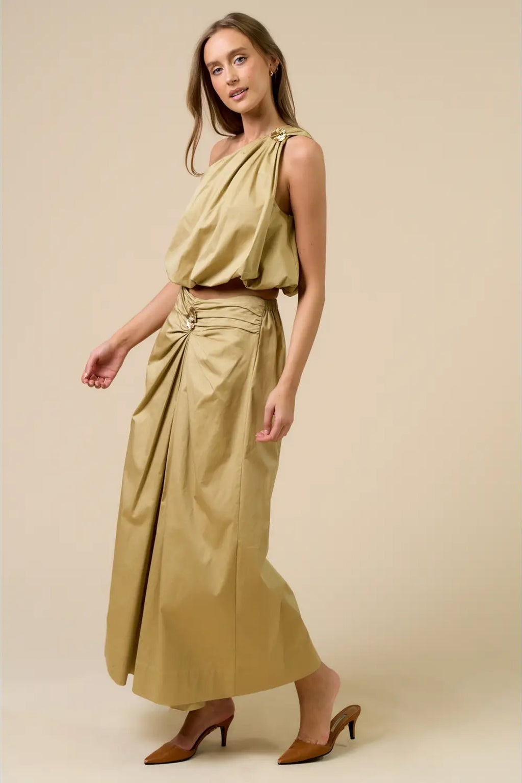 One Shoulder Top and Maxi Skirt Gold Leaf Detail Set