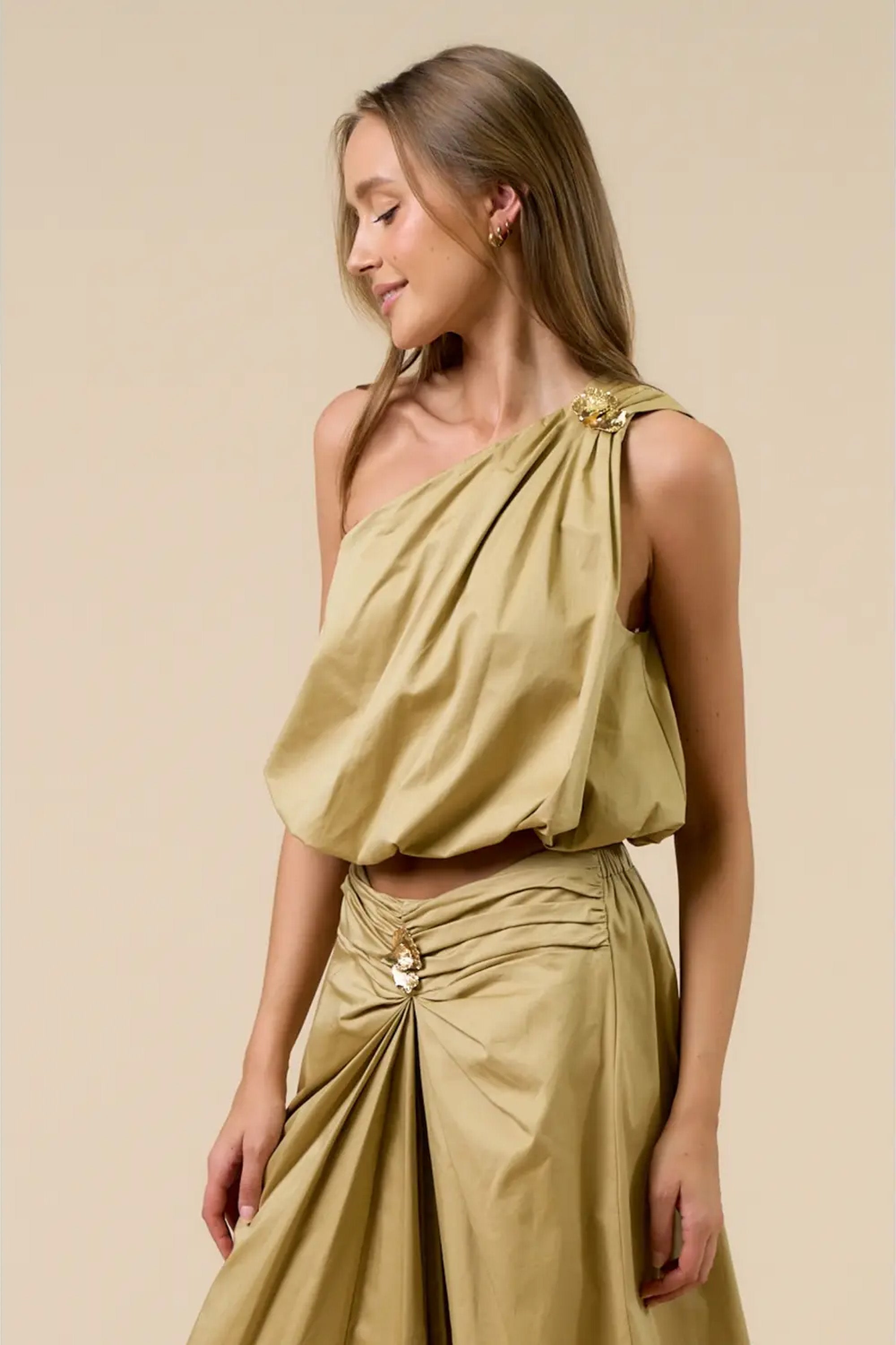 One Shoulder Top and Maxi Skirt Gold Leaf Detail Set