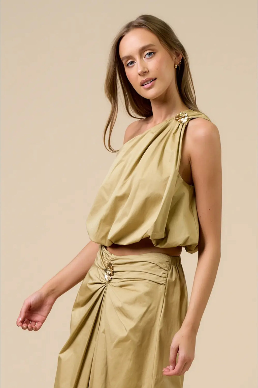 One Shoulder Top and Maxi Skirt Gold Leaf Detail Set