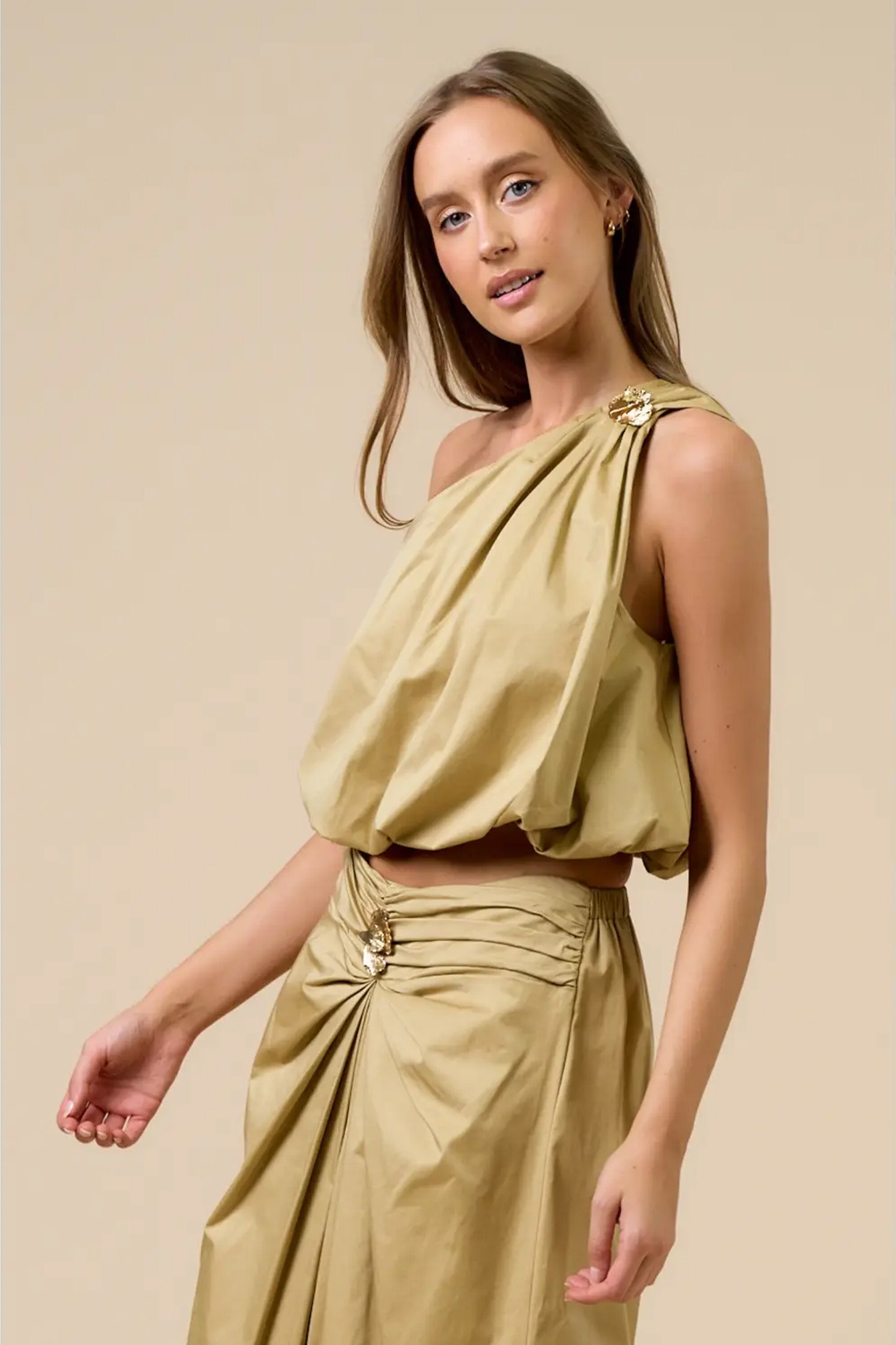 One Shoulder Top and Maxi Skirt Gold Leaf Detail Set