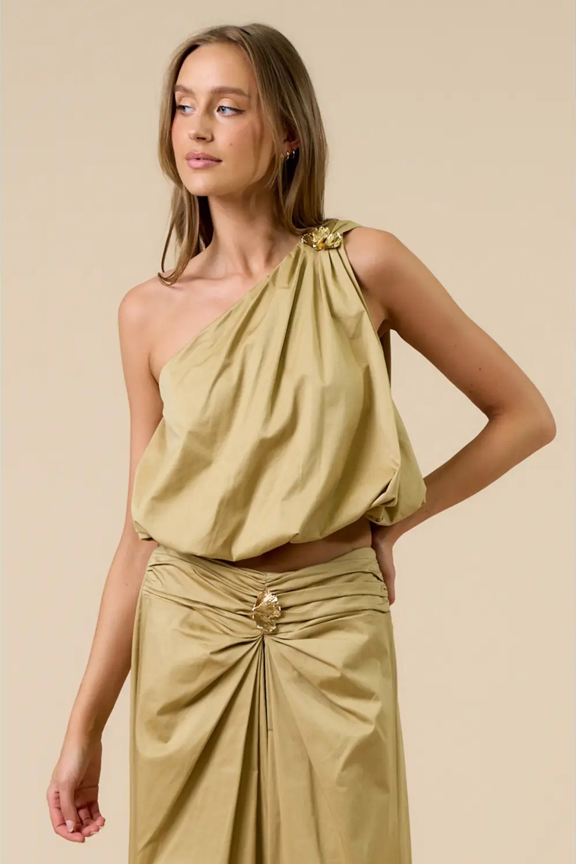 One Shoulder Top and Maxi Skirt Gold Leaf Detail Set