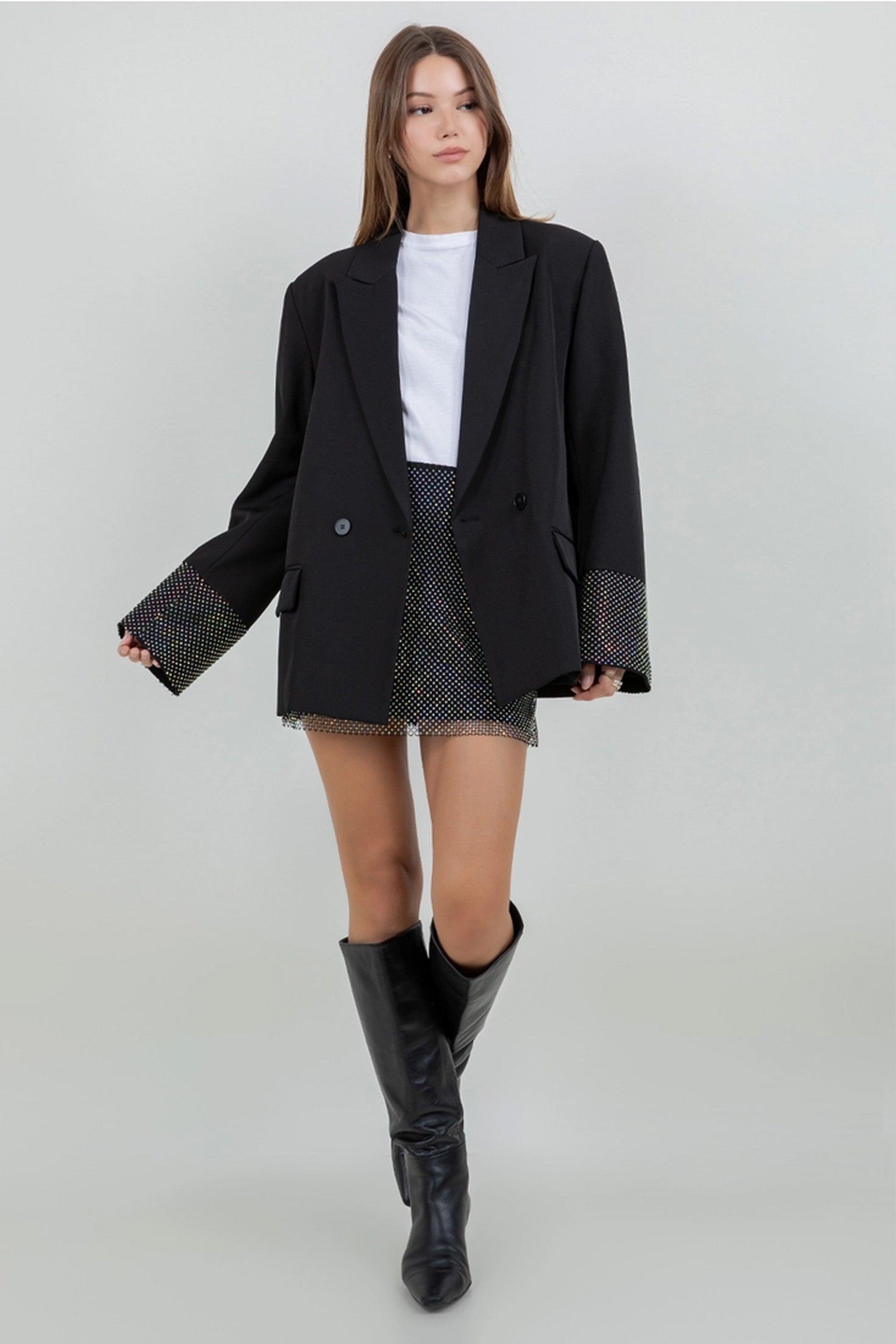 Blazer and Mini Skirt Rhinestones Detail Set