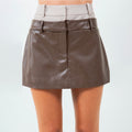 Brown Leather Double Waistband Mini Skort