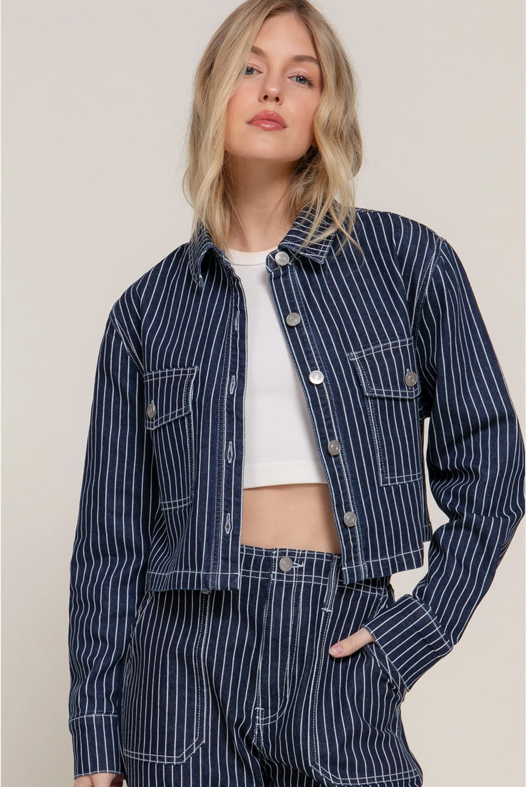 Button Down Stripe Denim Short Jacket and Pants Set