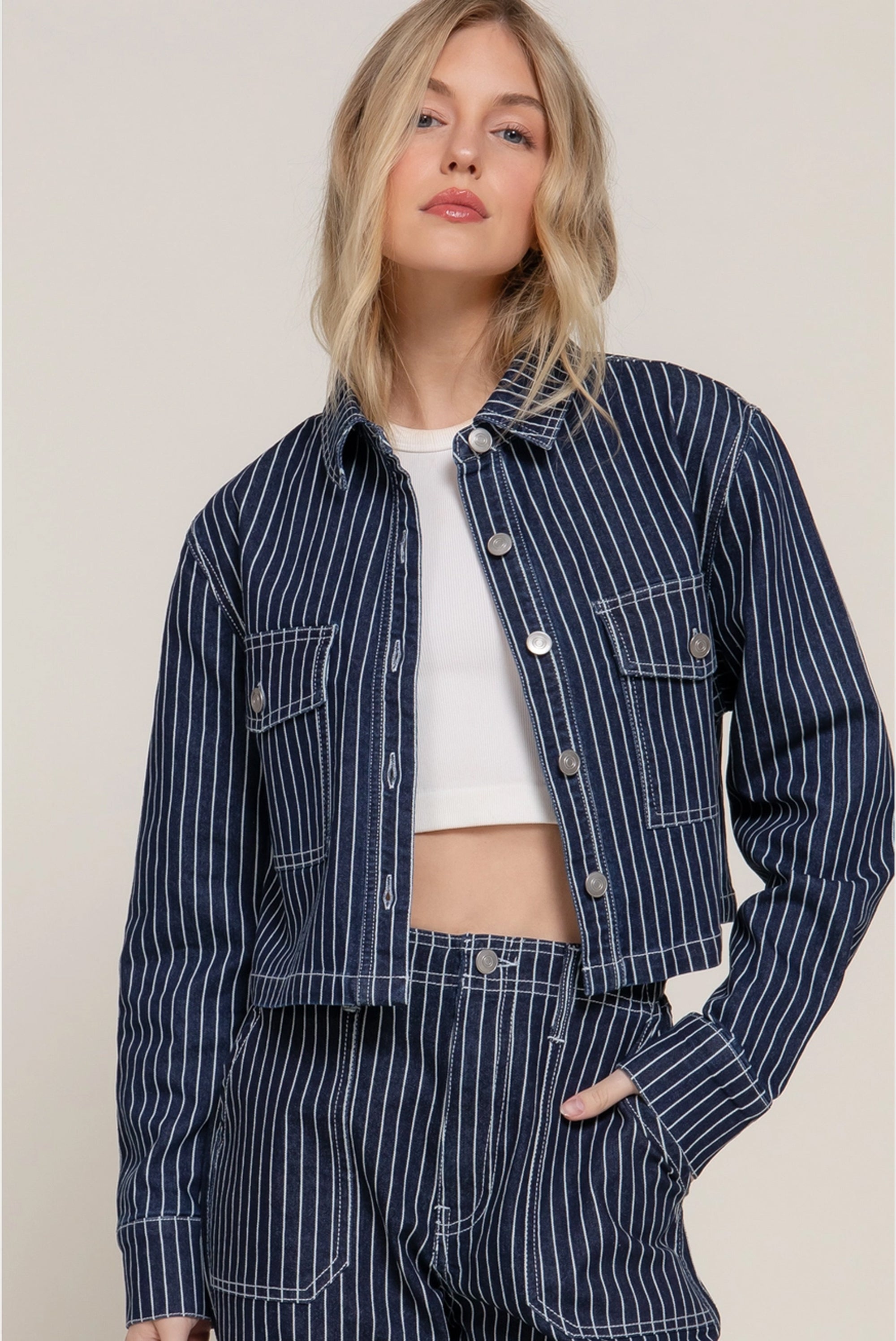 Button Down Stripe Denim Short Jacket and Pants Set