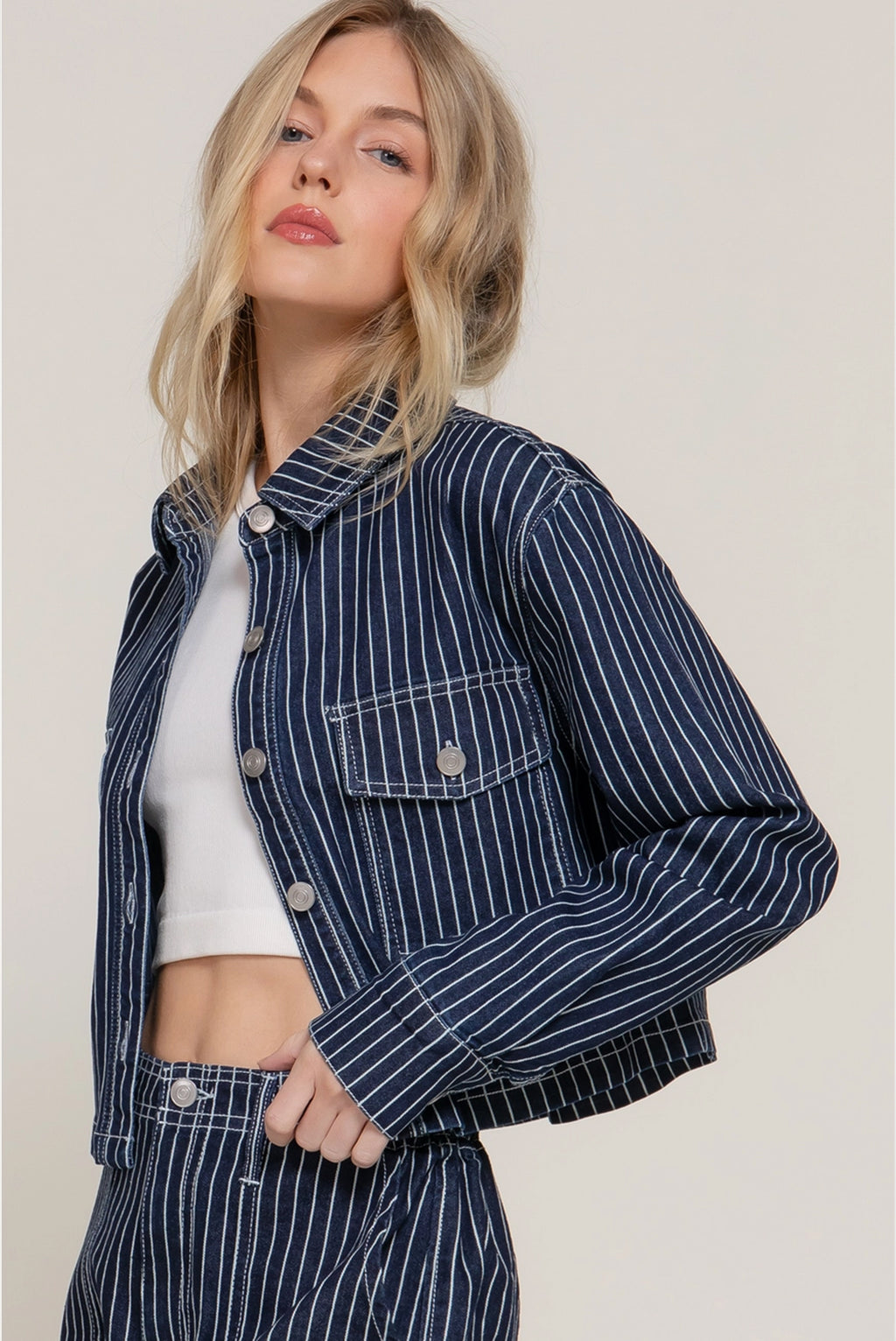 Button Down Stripe Denim Short Jacket and Pants Set