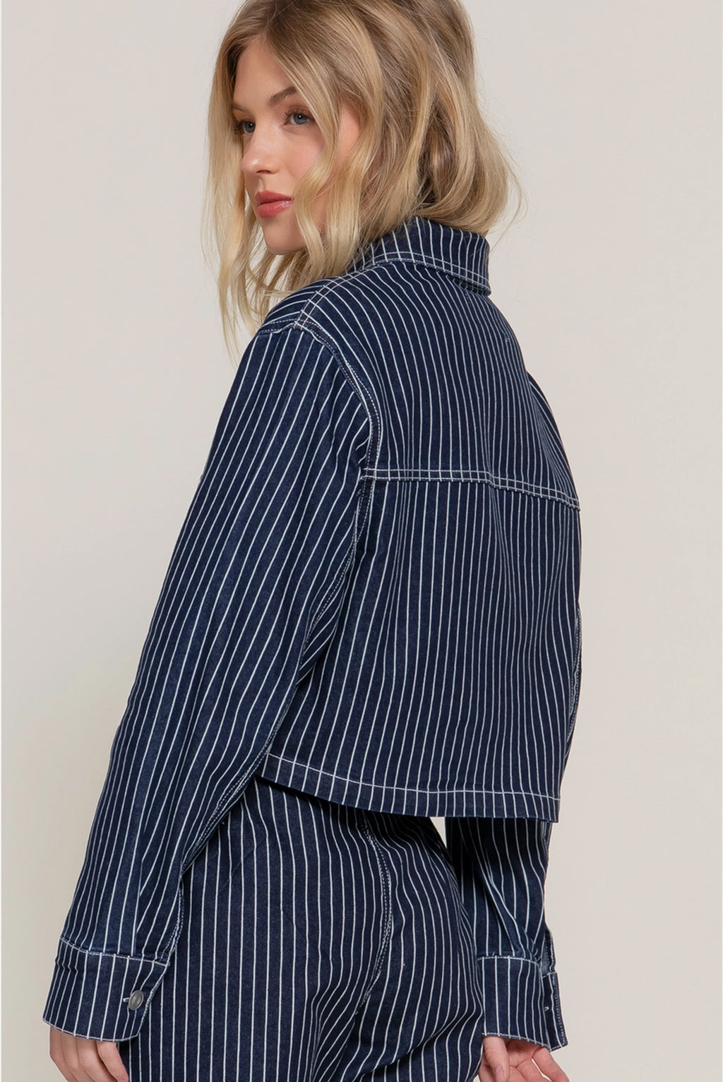 Button Down Stripe Denim Short Jacket and Pants Set