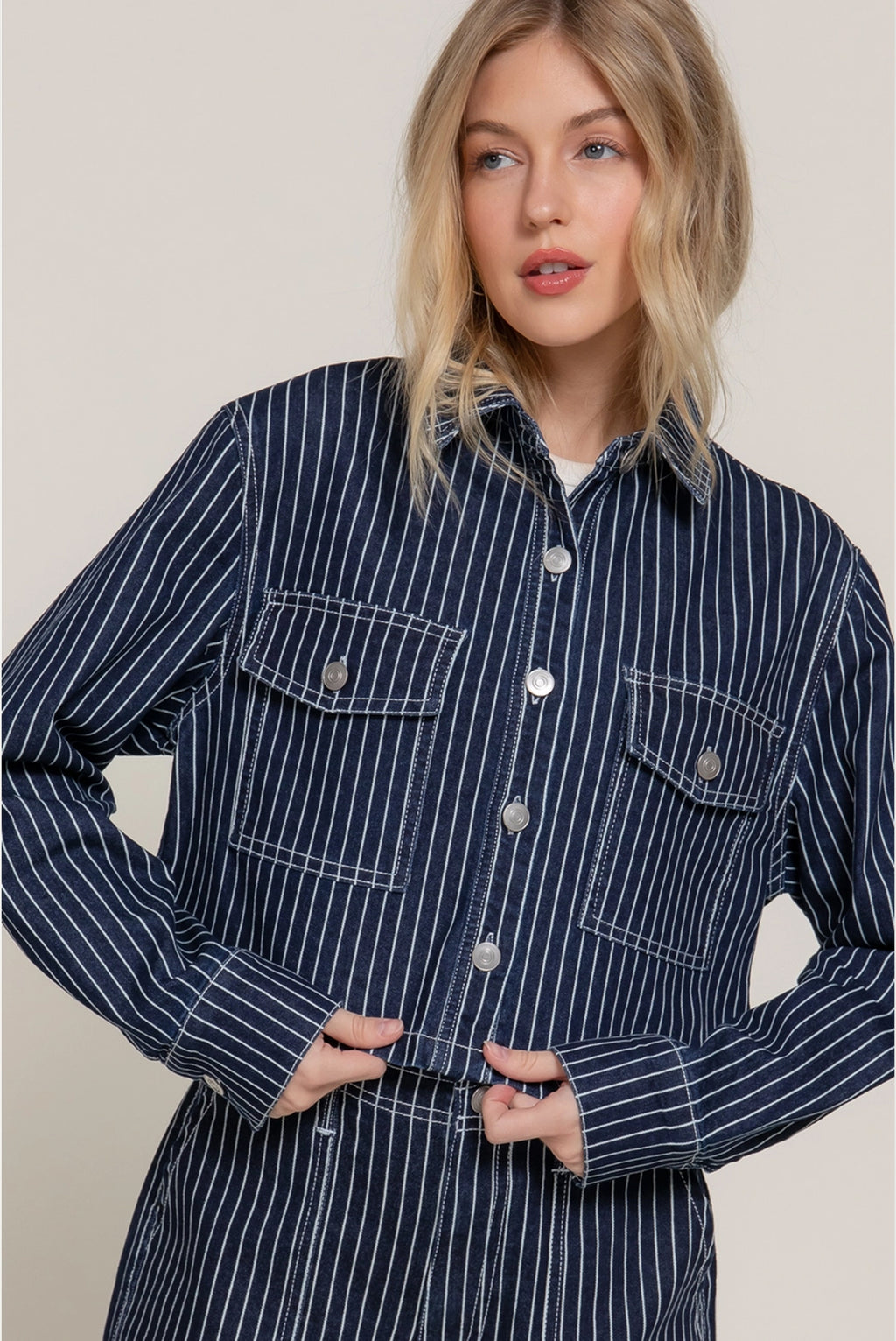 Button Down Stripe Denim Short Jacket and Pants Set