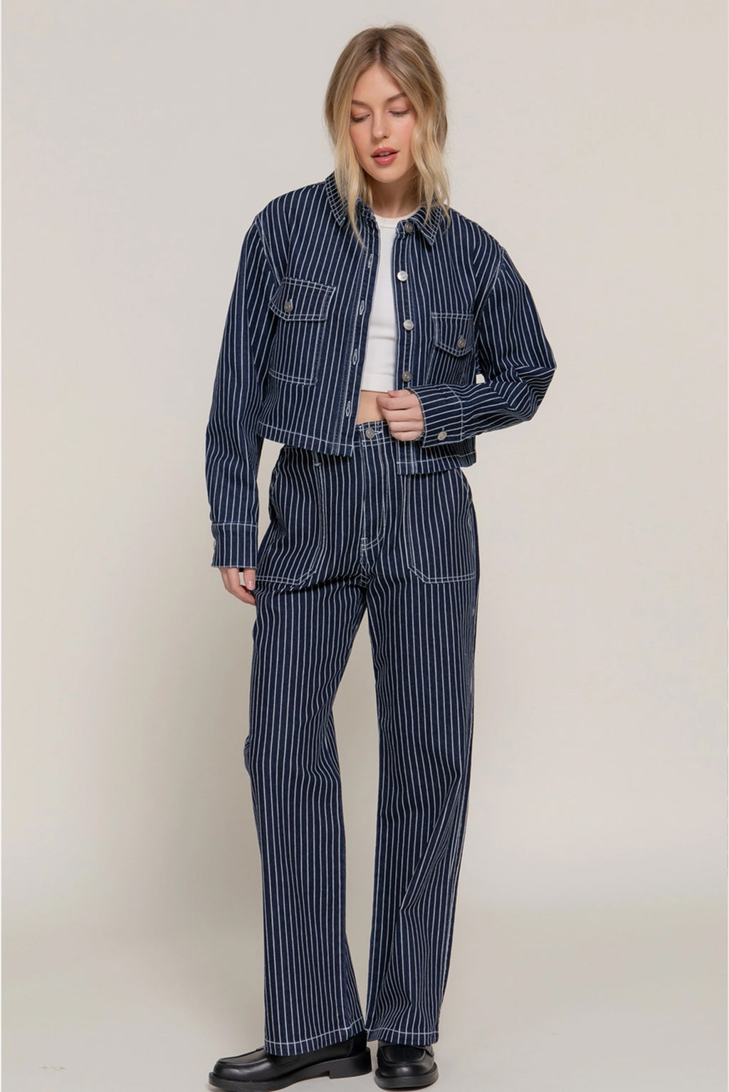 Button Down Stripe Denim Short Jacket and Pants Set