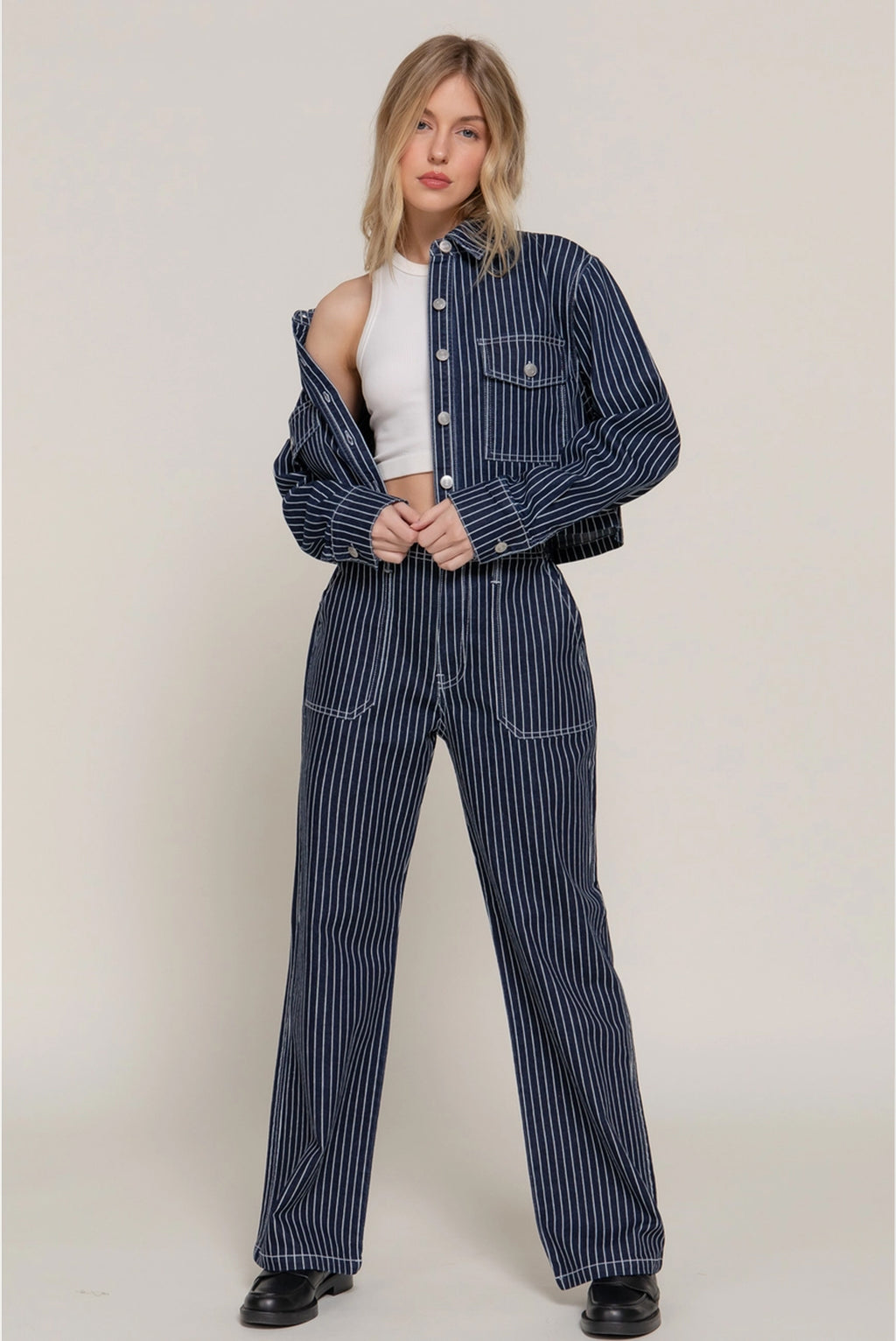 Button Down Stripe Denim Short Jacket and Pants Set