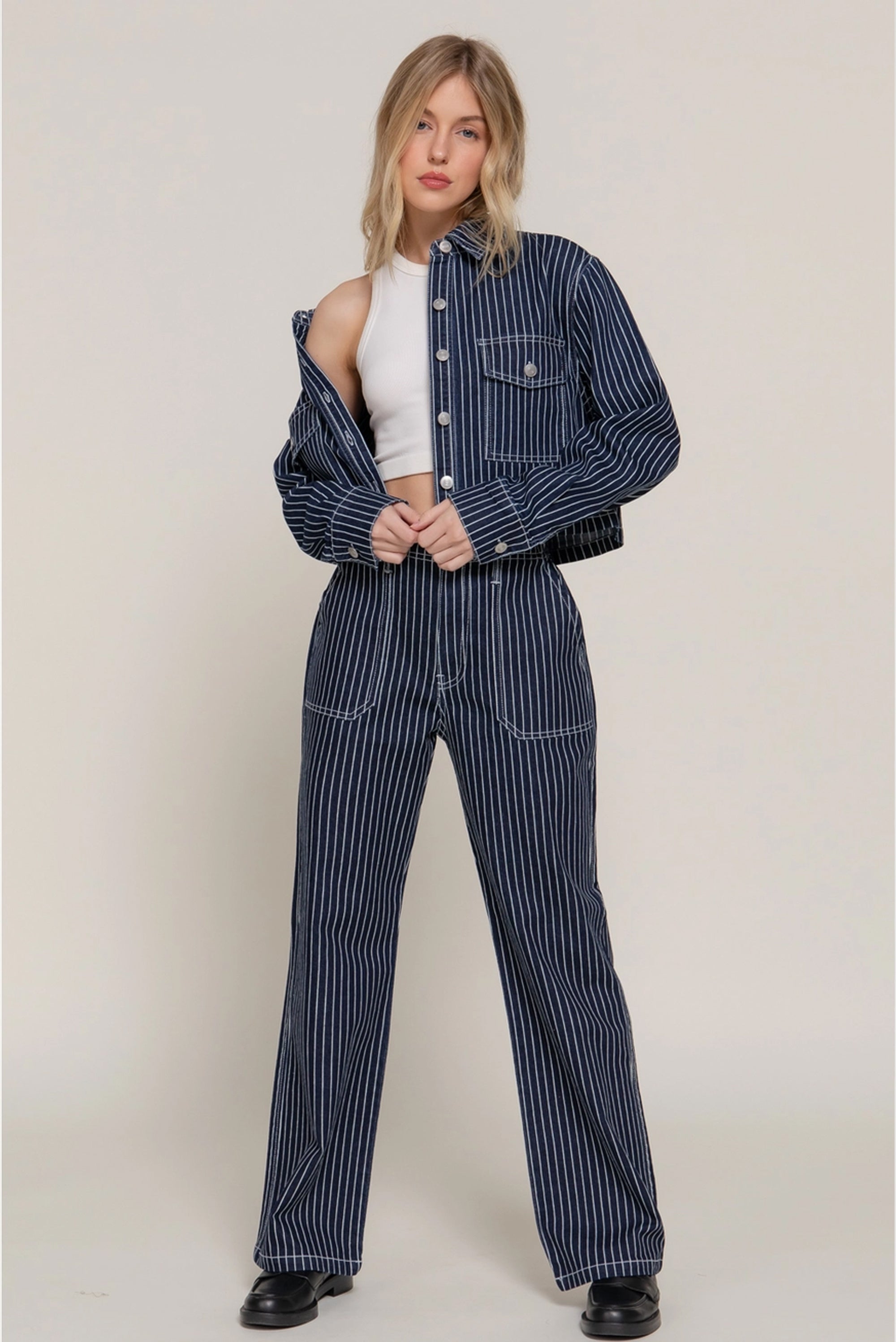 Button Down Stripe Denim Short Jacket and Pants Set