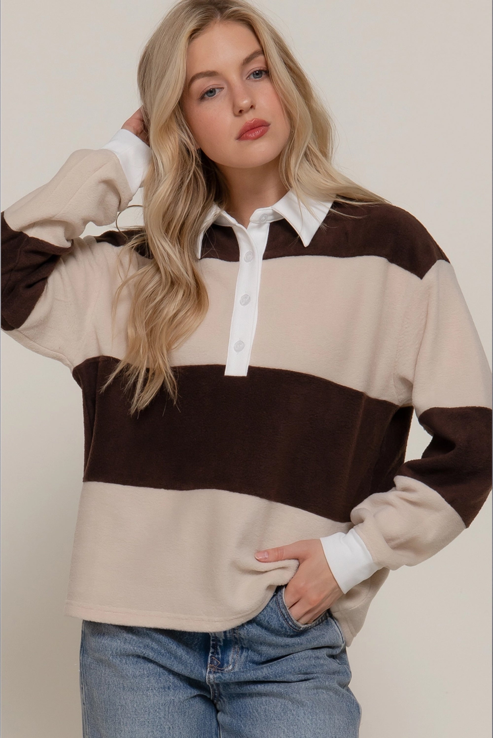 Long Sleeve Beige Polo Sweater