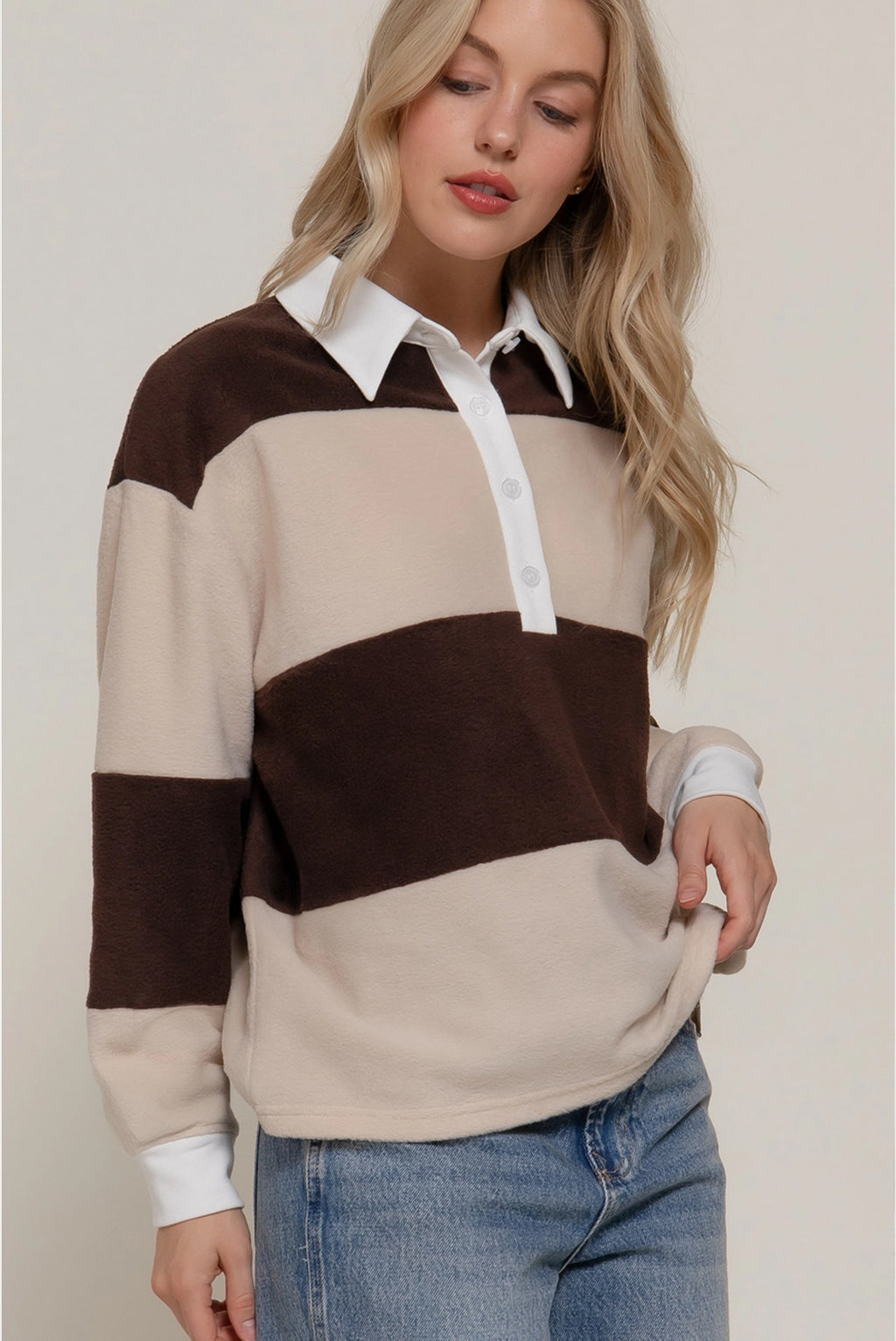 Long Sleeve Beige Polo Sweater