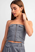 Front Zip-Up Pockets Gray Top