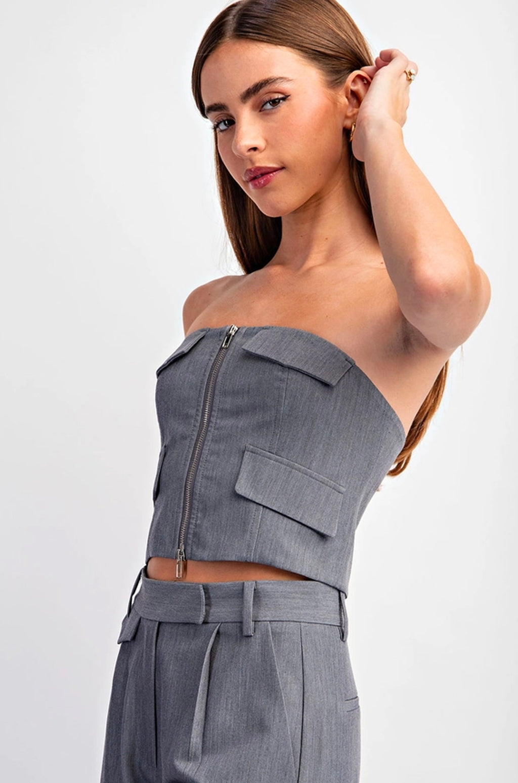 Front Zip-Up Pockets Gray Top