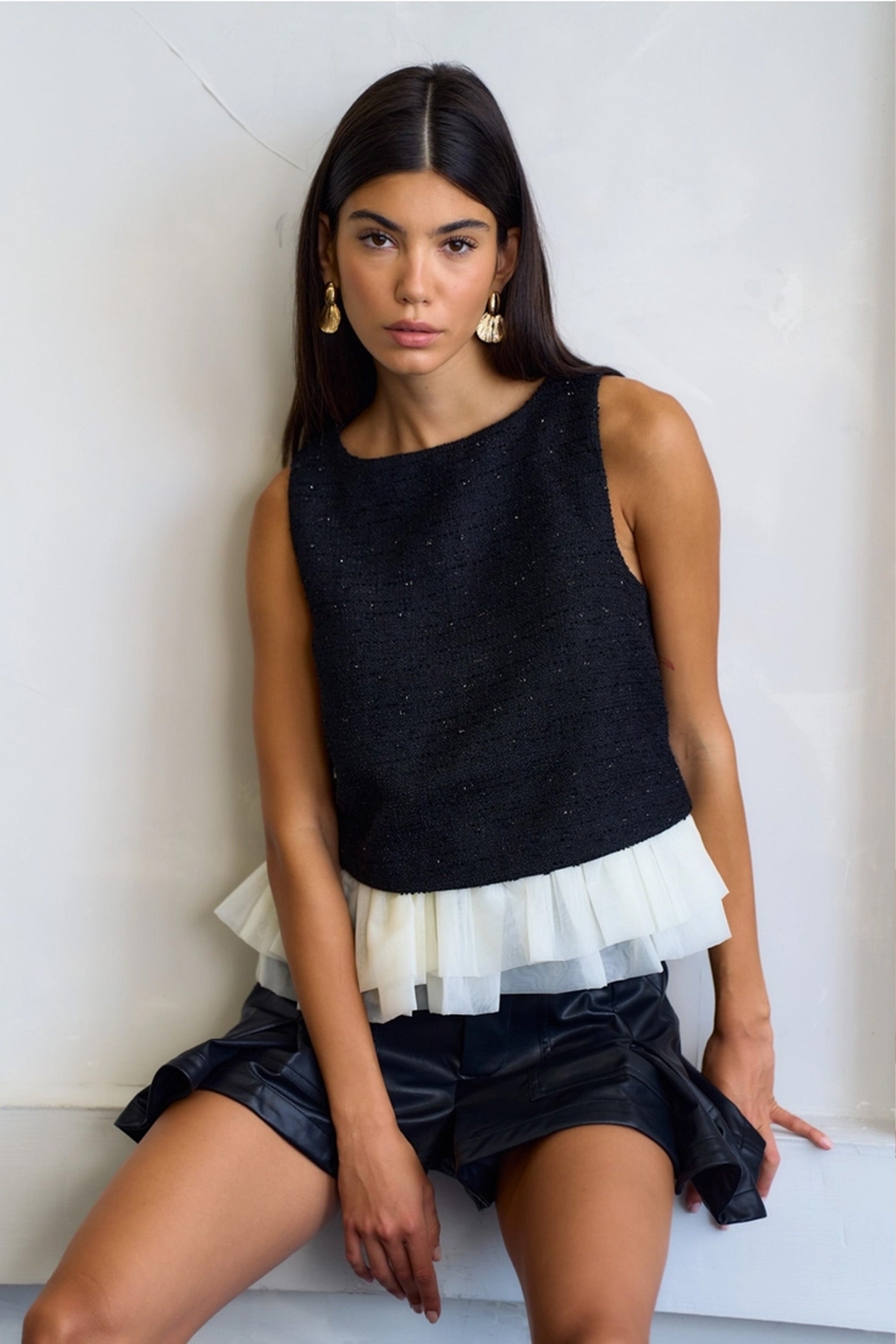 Tweed Black Top with White Ruffle Detail