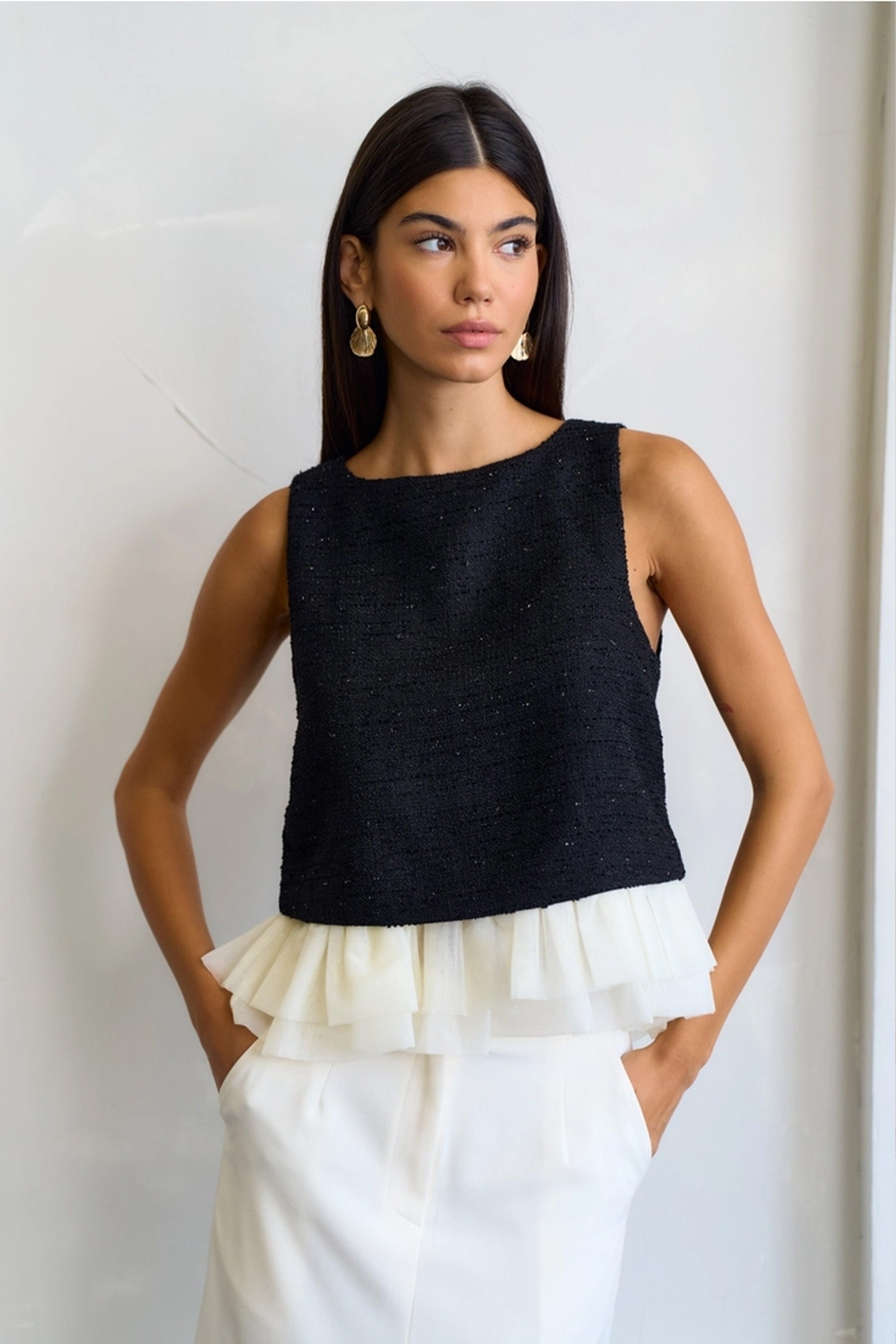 Tweed Black Top with White Ruffle Detail