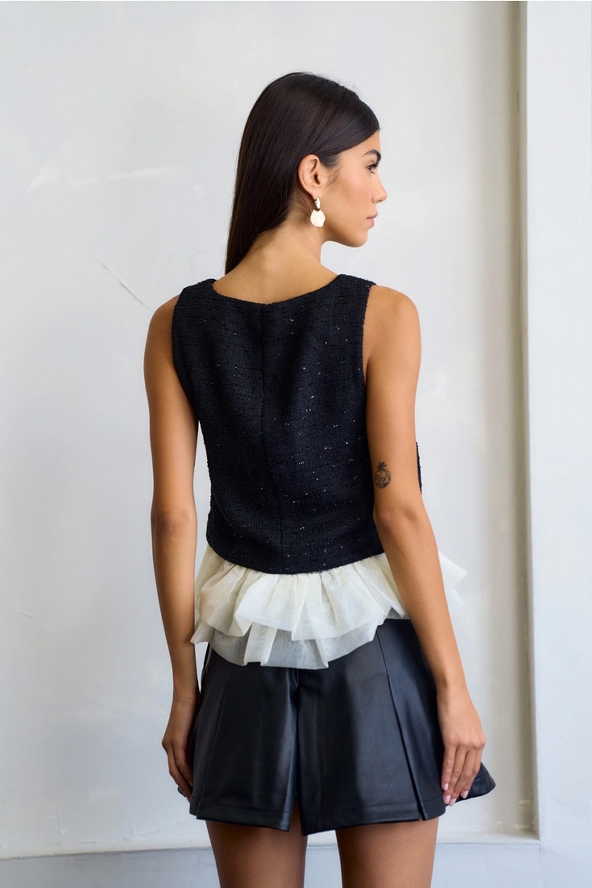 Tweed Black Top with White Ruffle Detail