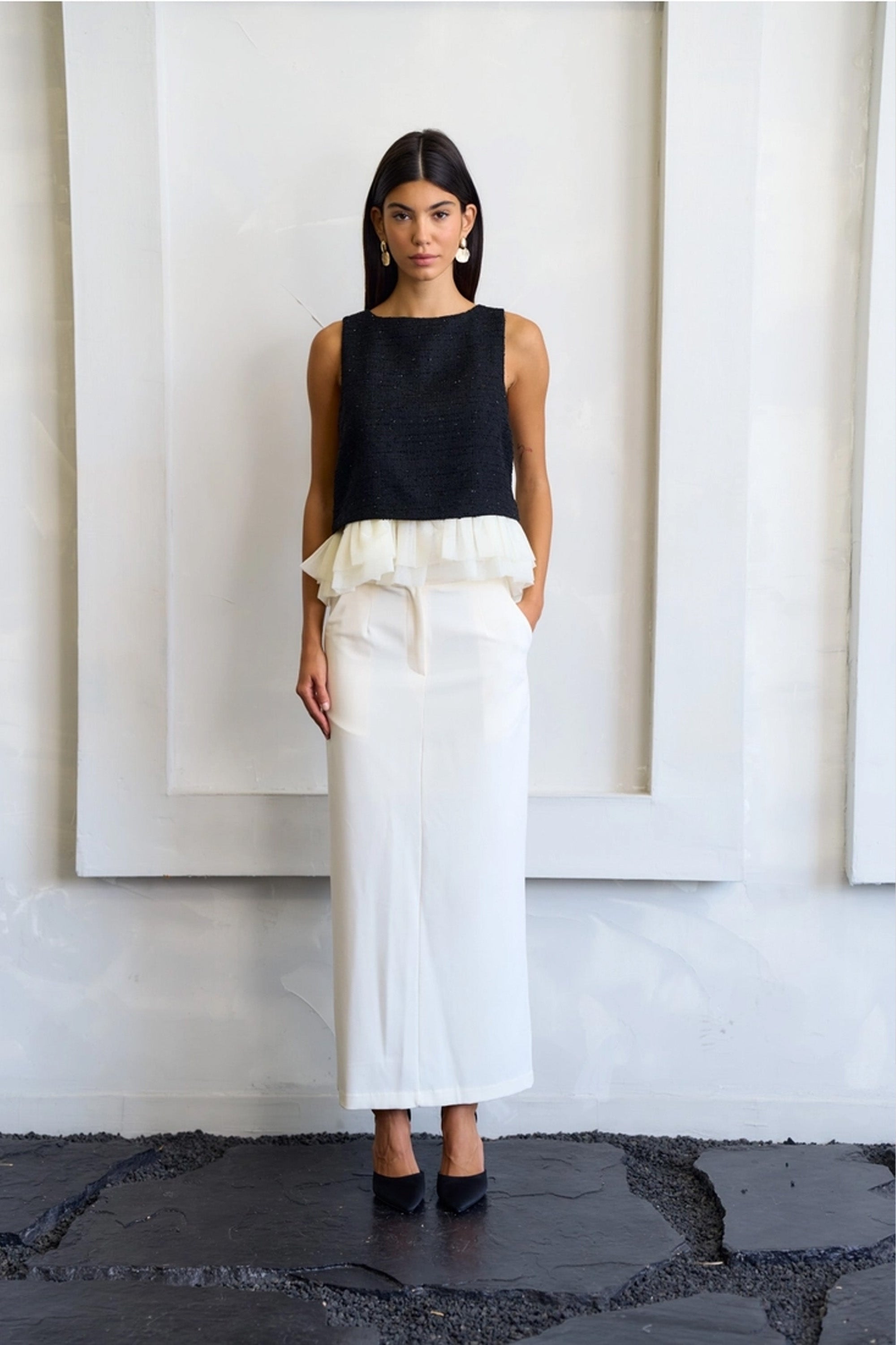 Tweed Black Top with White Ruffle Detail