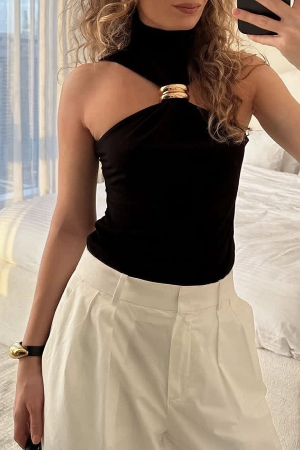 Gold Hoop Detail High Neck Fitted Top