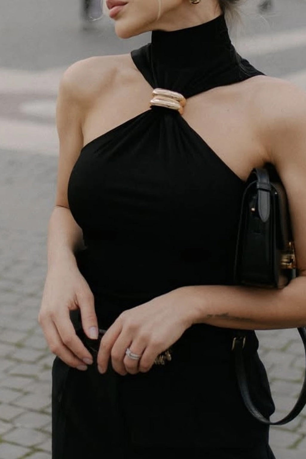 Gold Hoop Detail High Neck Fitted Top