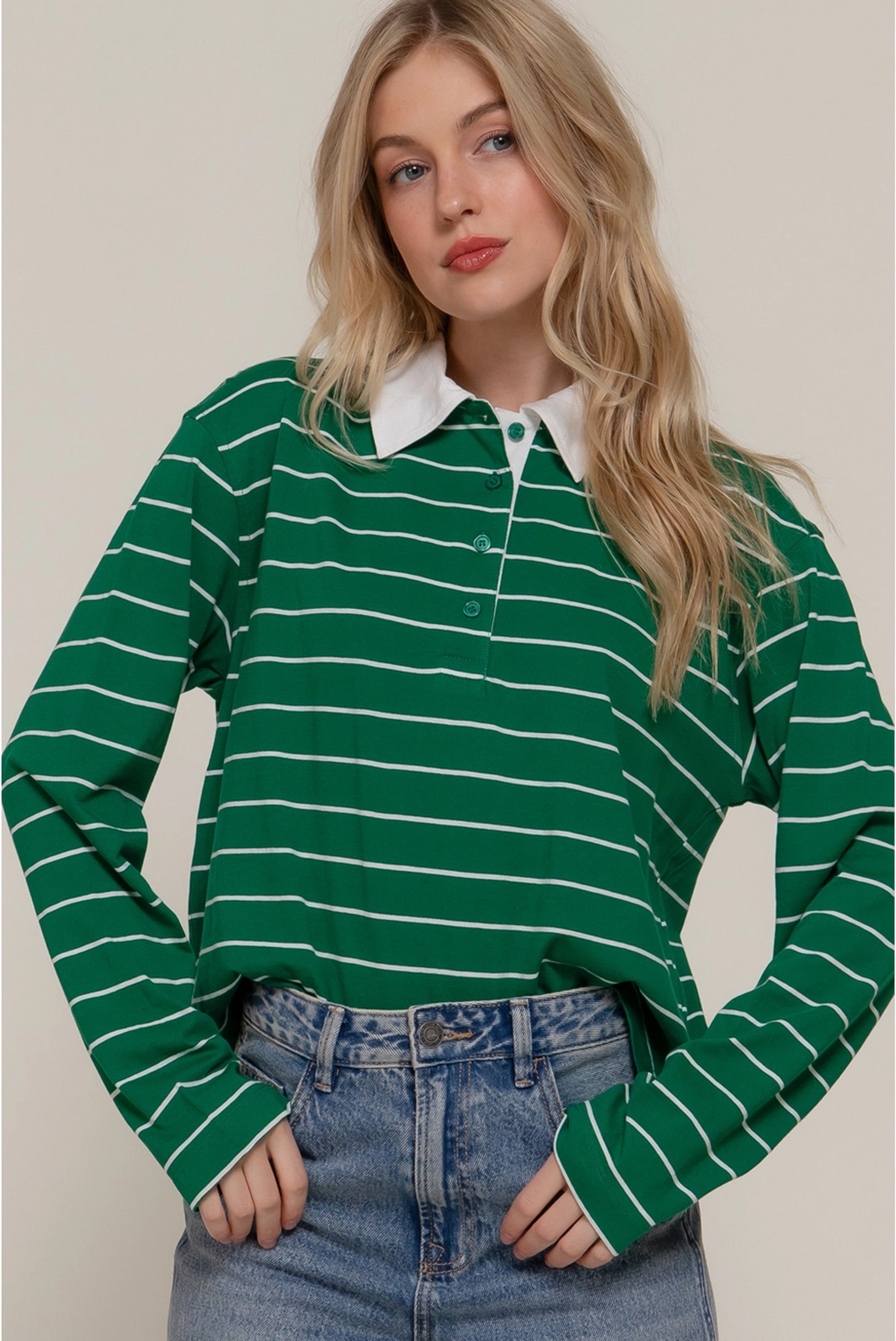 Green Long Sleeve Striped Polo Shirt