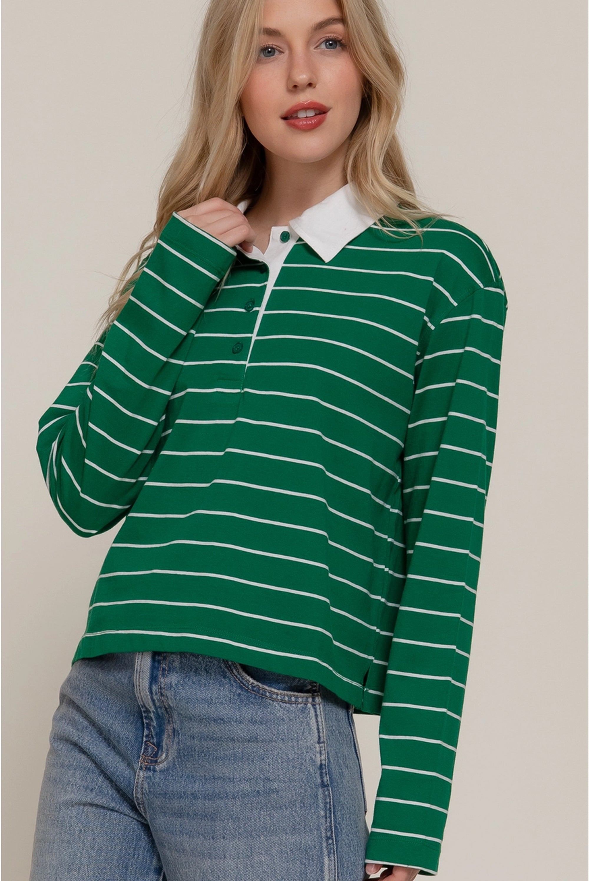 Green Long Sleeve Striped Polo Shirt