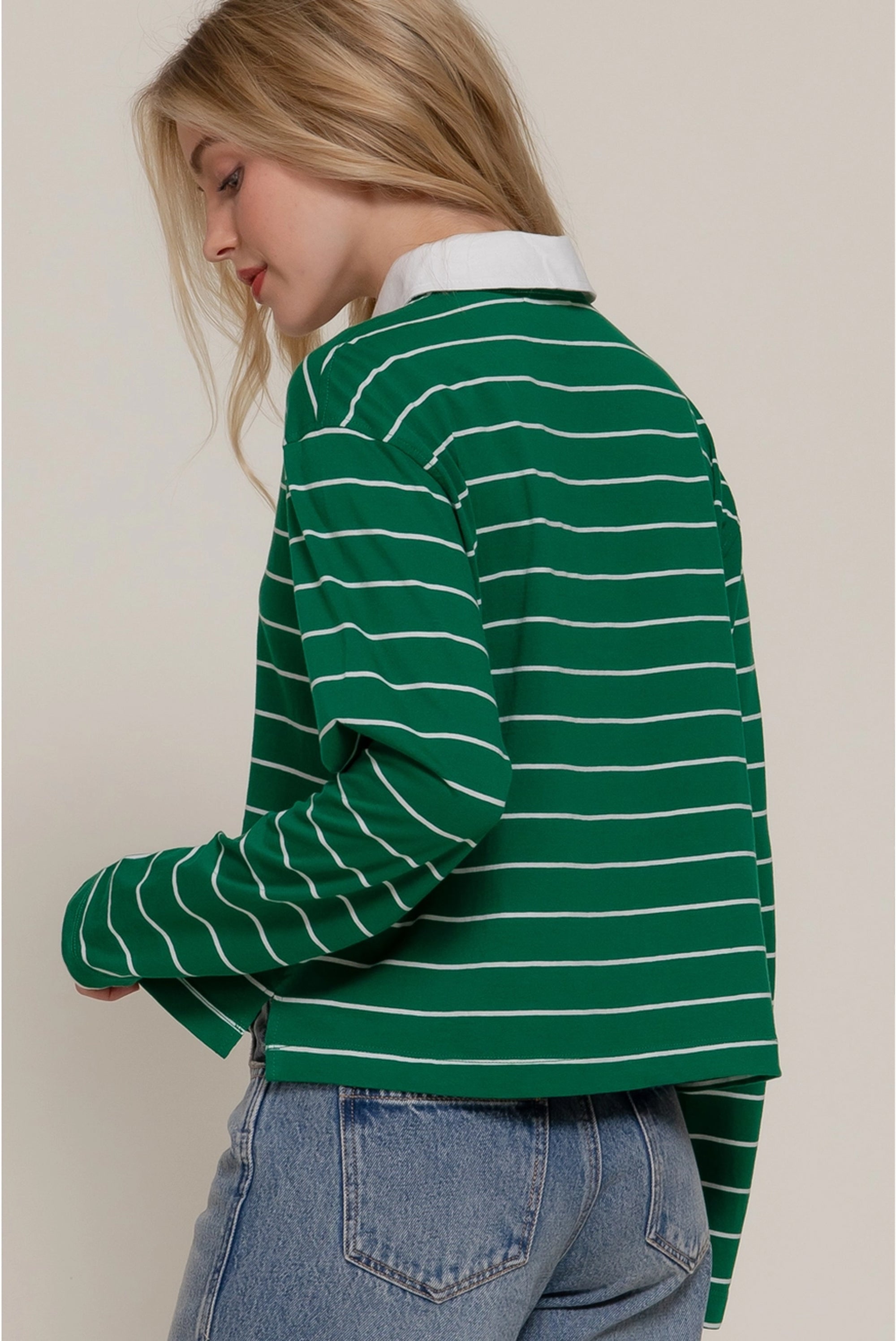 Green Long Sleeve Striped Polo Shirt