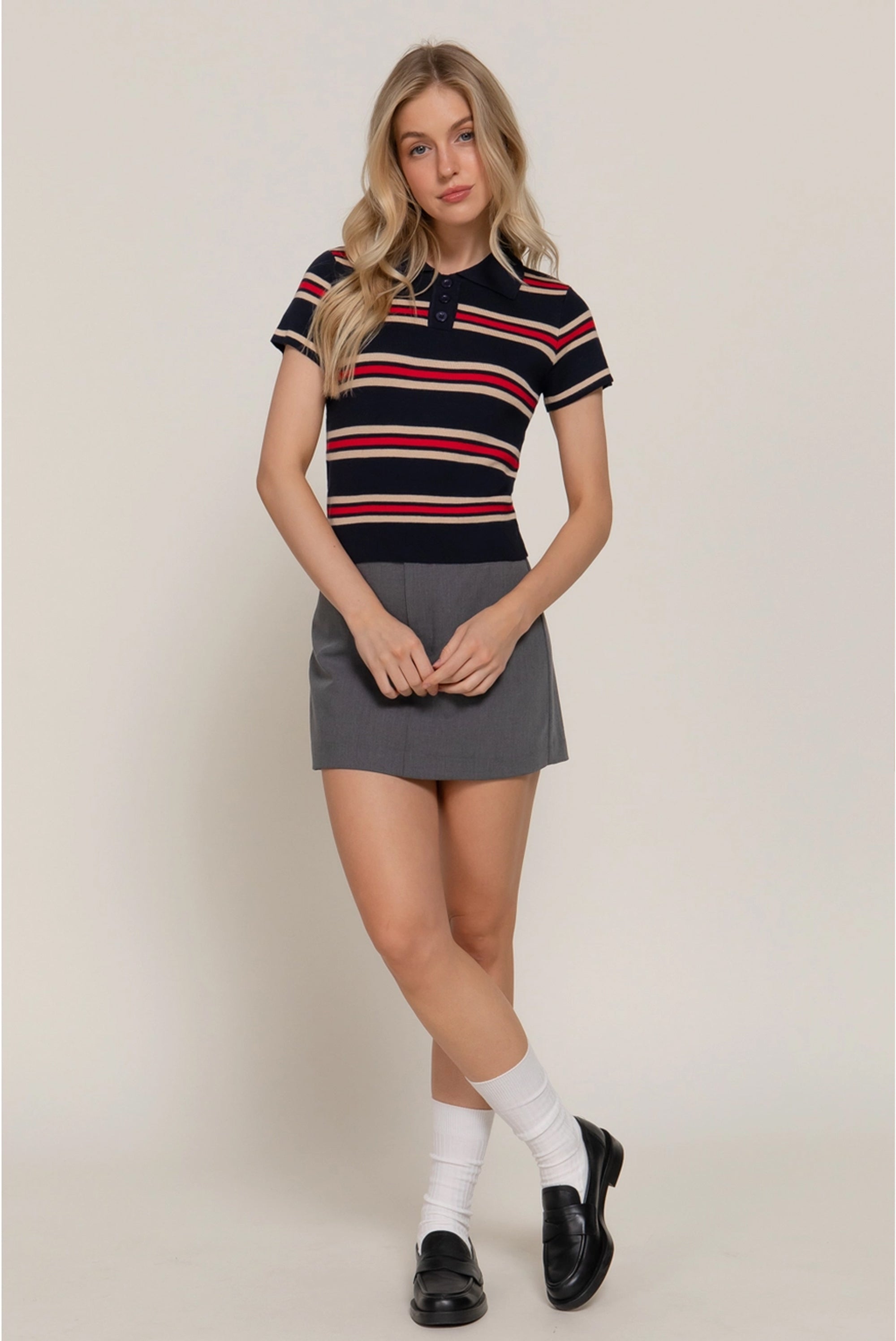 Navy Blue and Red Striped Polo Shirt