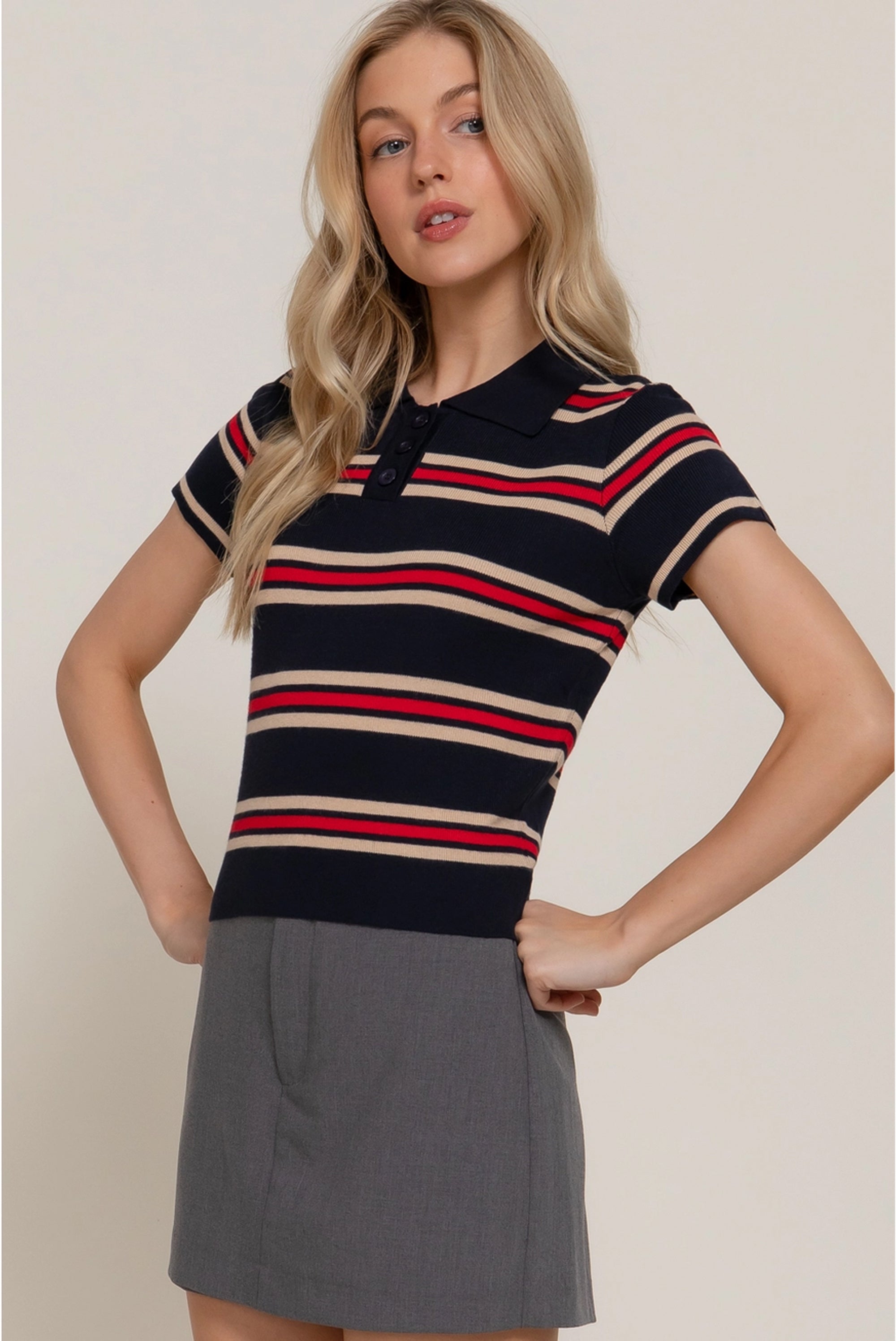 Navy Blue and Red Striped Polo Shirt