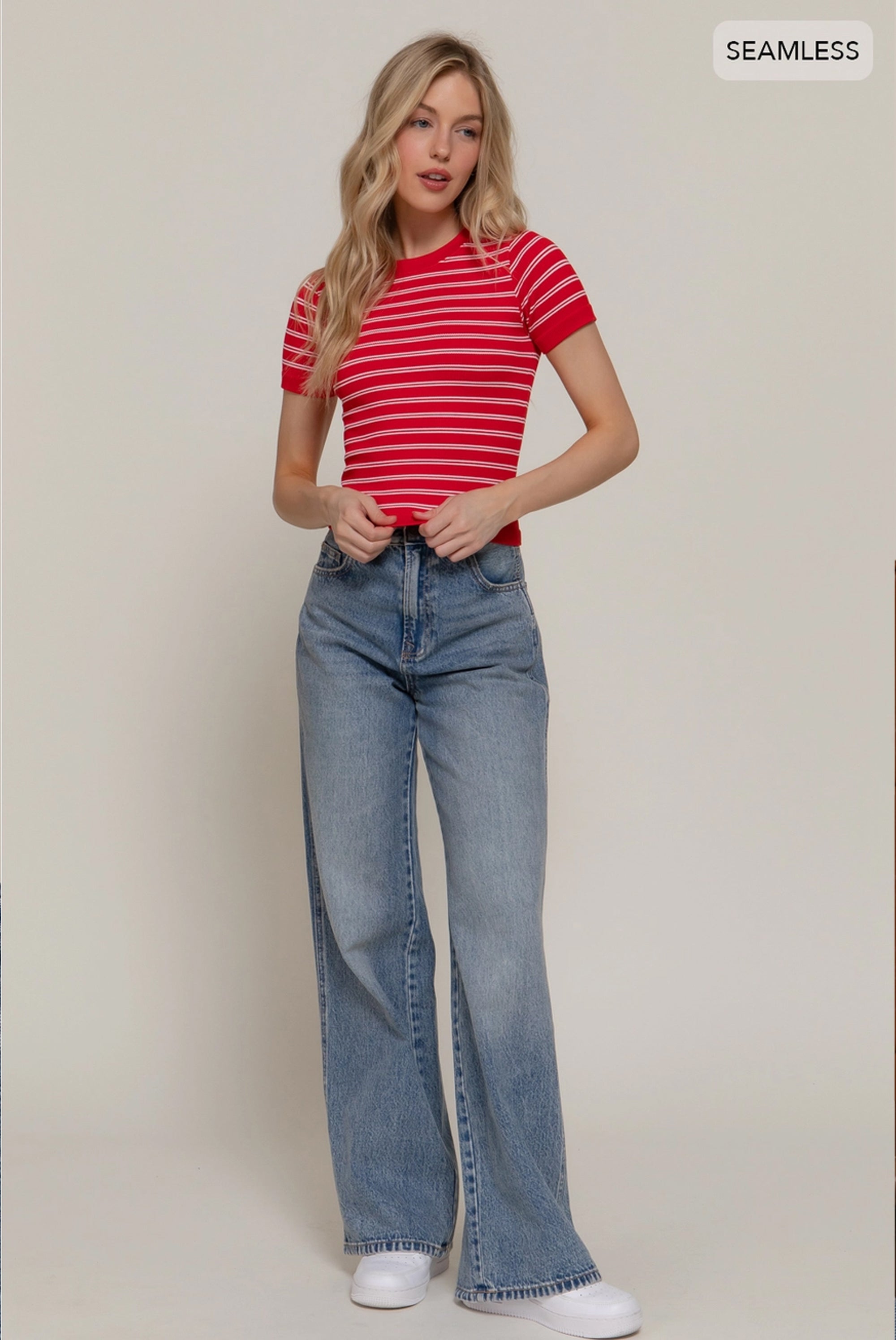 Red Short Sleeve Striped Seamless Top