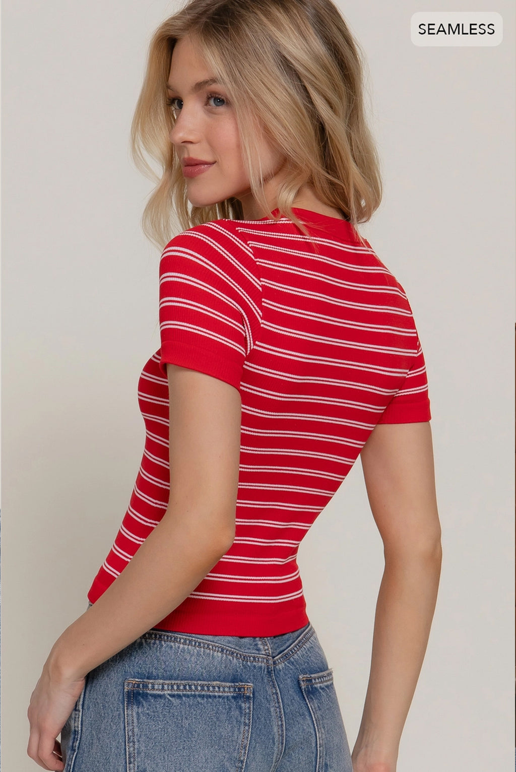 Red Short Sleeve Striped Seamless Top