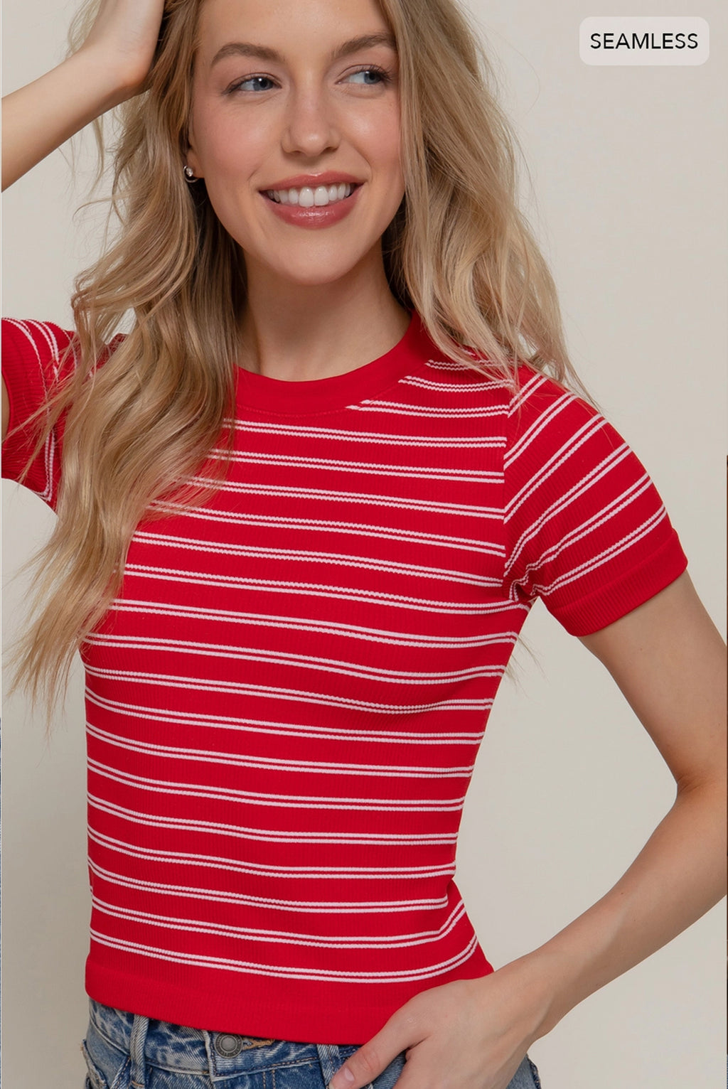 Red Short Sleeve Striped Seamless Top